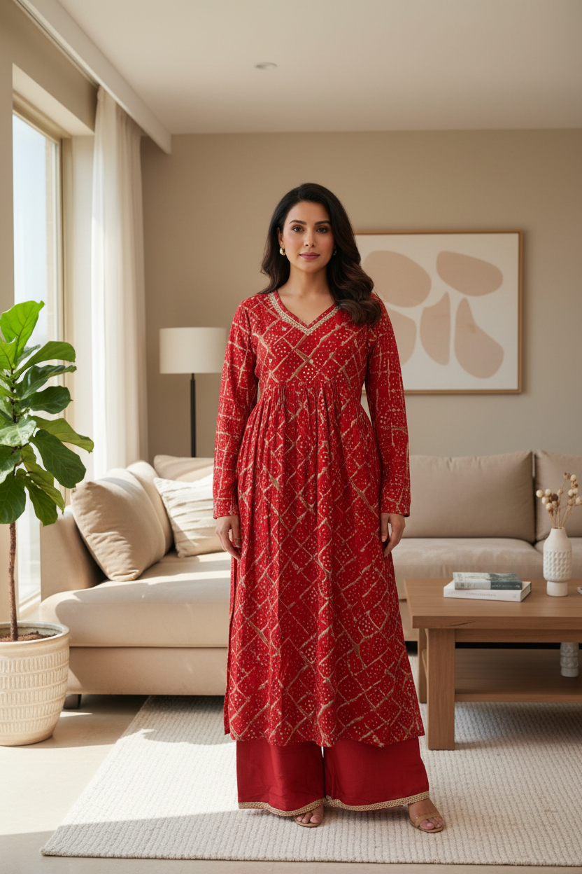 Bandhini Printed Alia Nyra Cut Modal Muslin Kurta, Pallazo Pant & Dupatta Set - Red