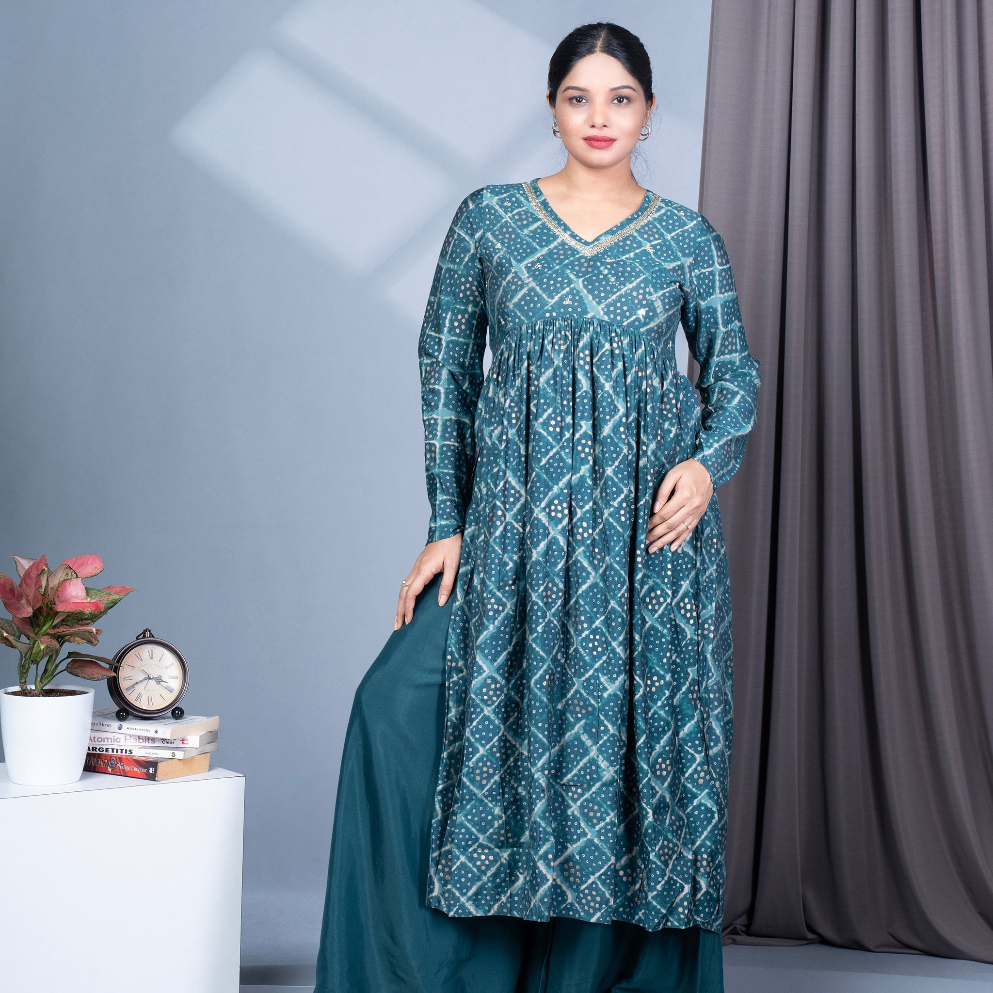 Bandhini Printed Alia Nyra Cut Modal Muslin Kurta, Pallazo Pant & Dupatta Set - Teal