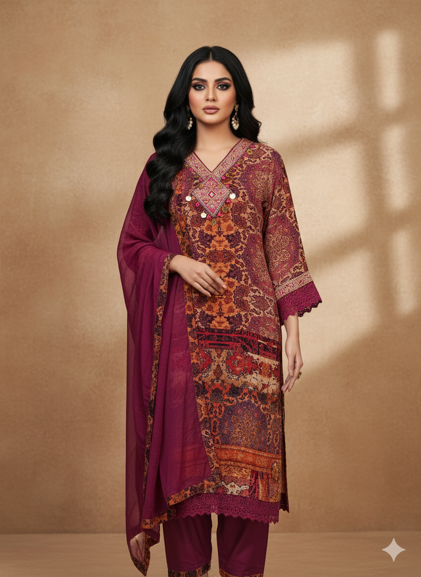 Muslin Kurta Pant Dupatta Set With Afghan Pant