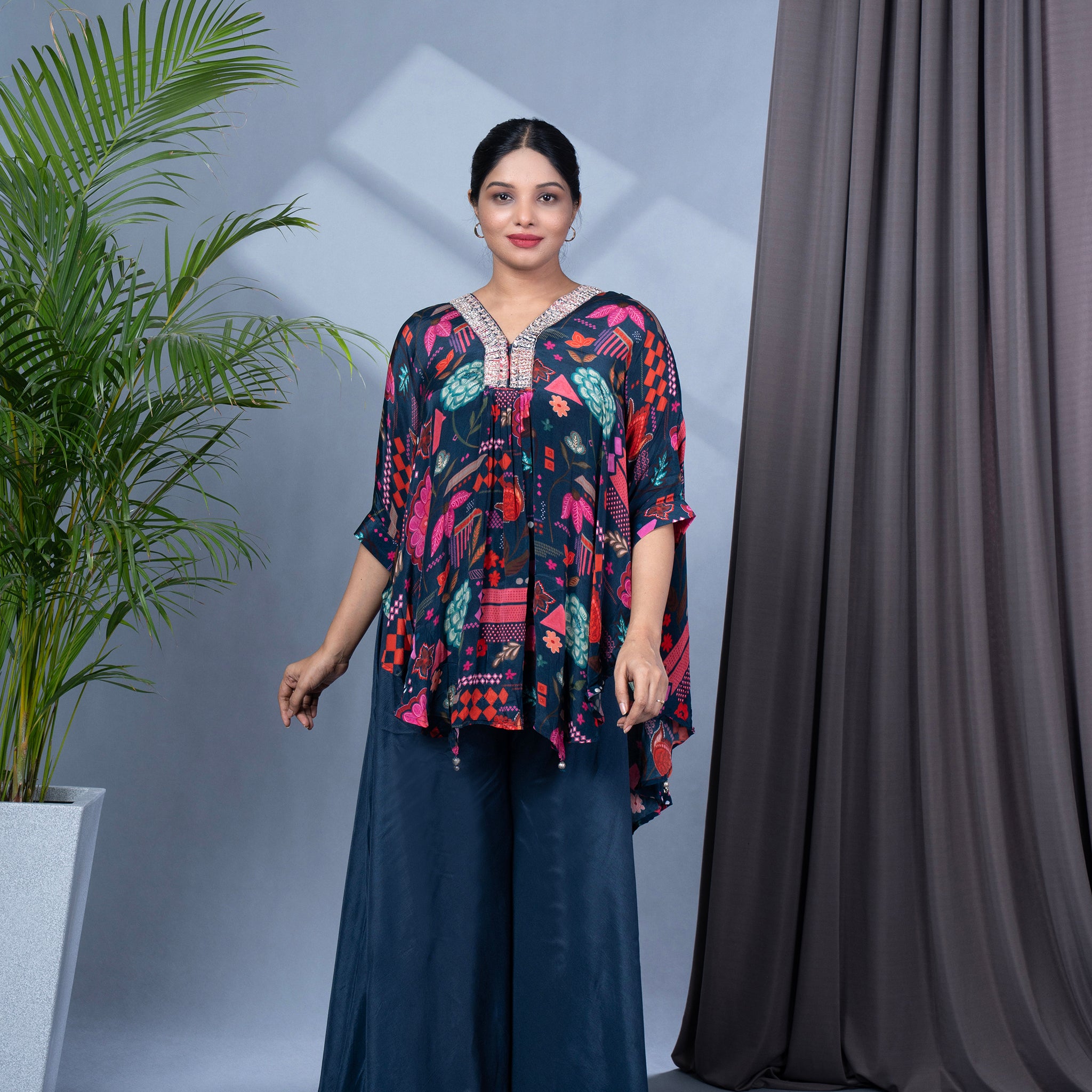 Crepe Silk Poncho Style Tunic With Pallazo