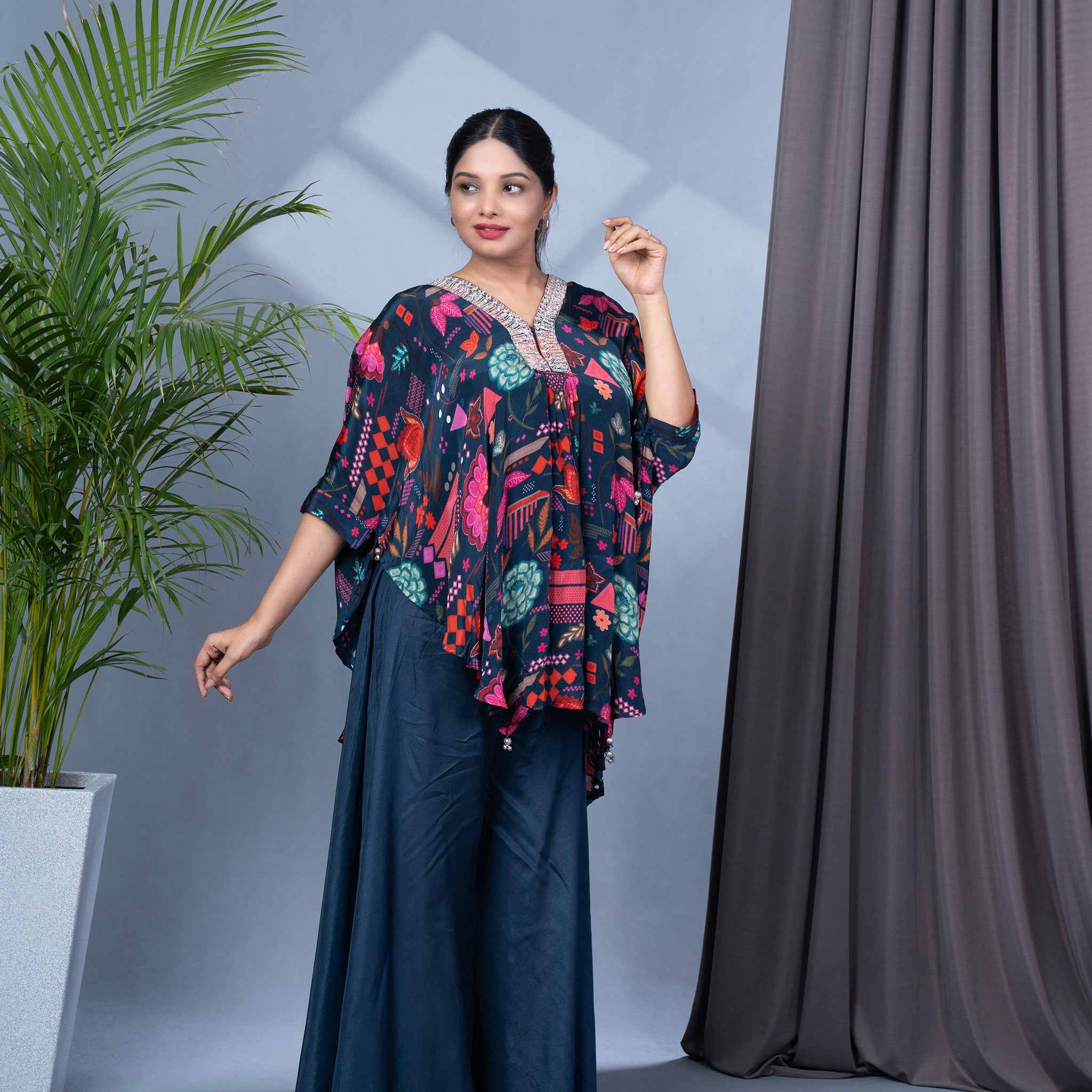 Crepe Silk Poncho Style Tunic With Pallazo