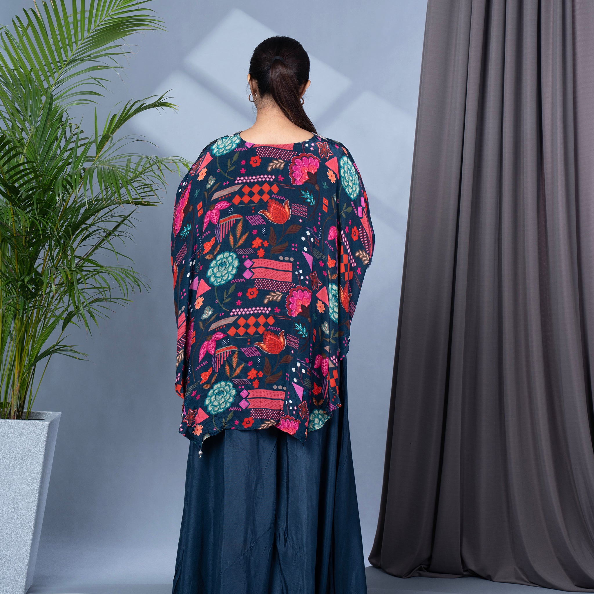 Crepe Silk Poncho Style Tunic With Pallazo