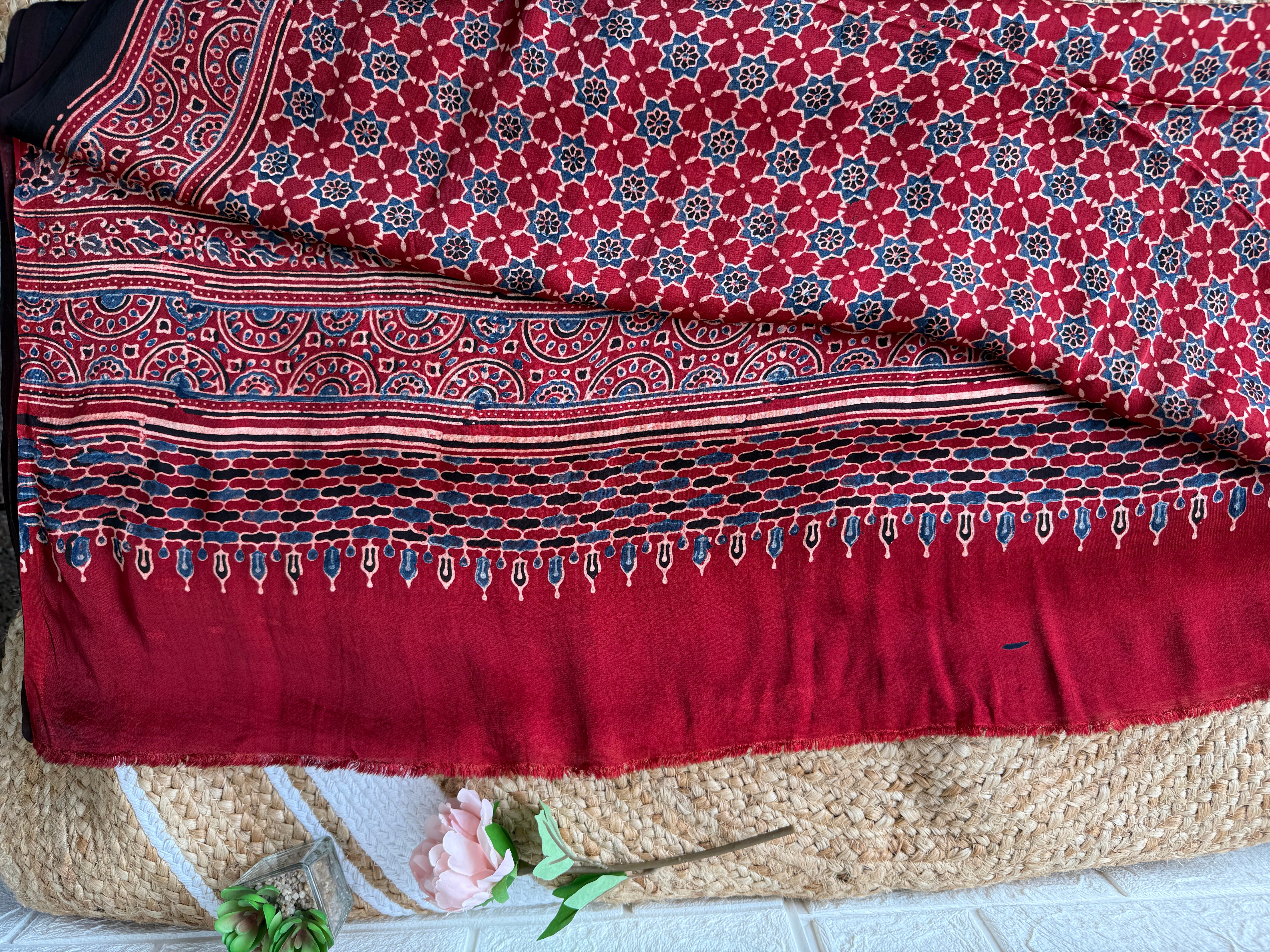 Red Ajrakh Hand Block Printed Modal Silk Saree