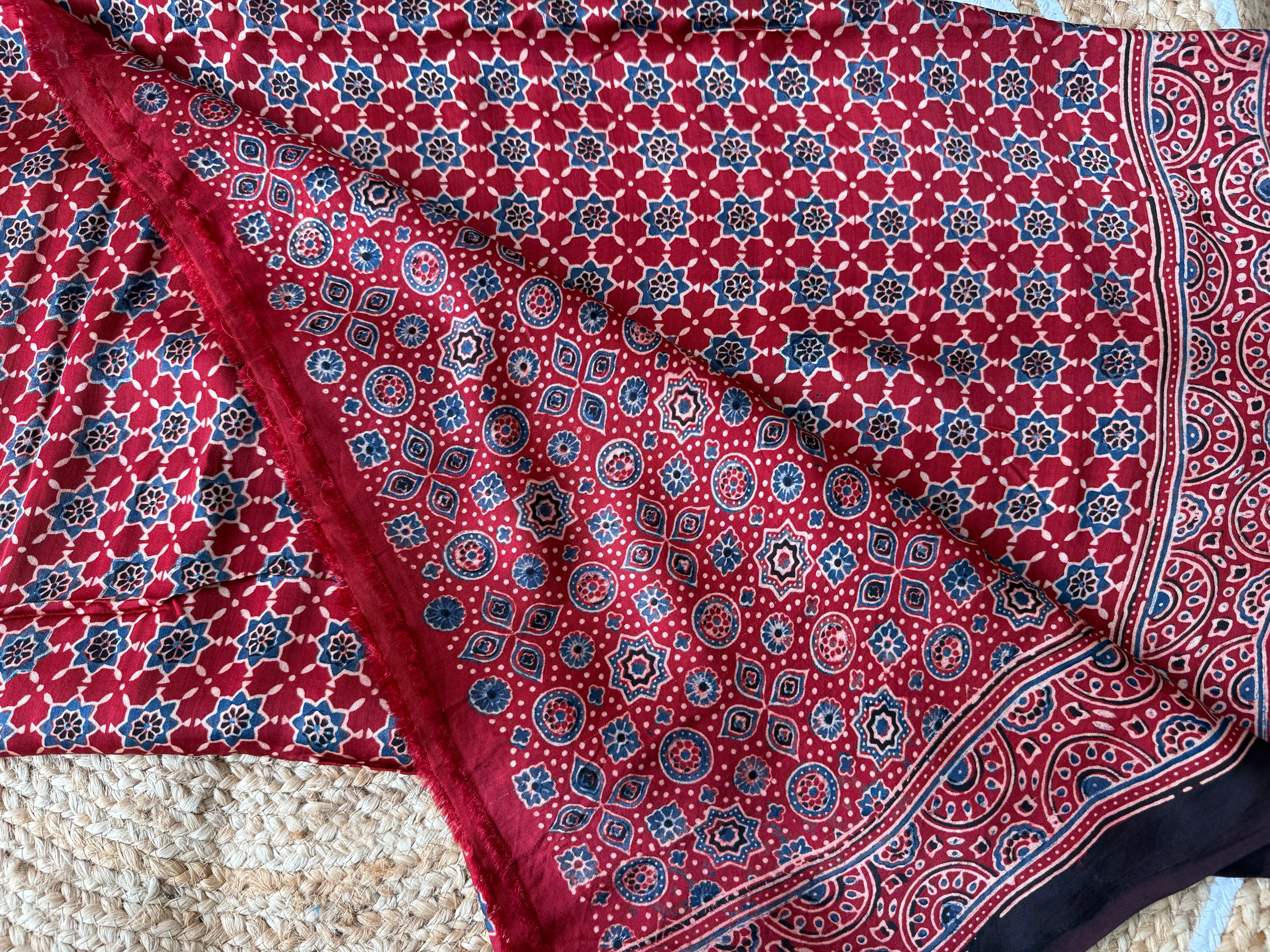 Red Ajrakh Hand Block Printed Modal Silk Saree