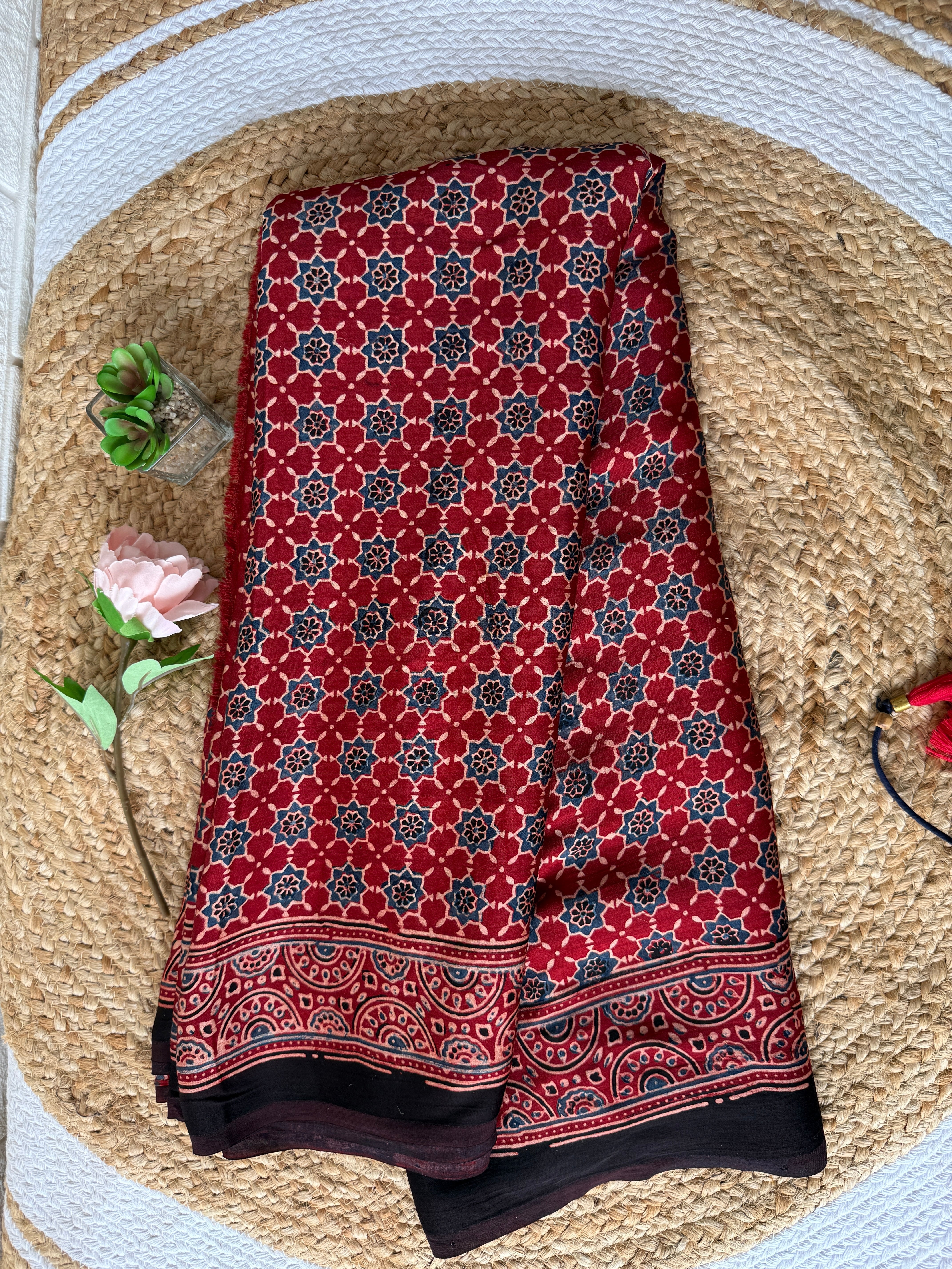 Red Ajrakh Hand Block Printed Modal Silk Saree