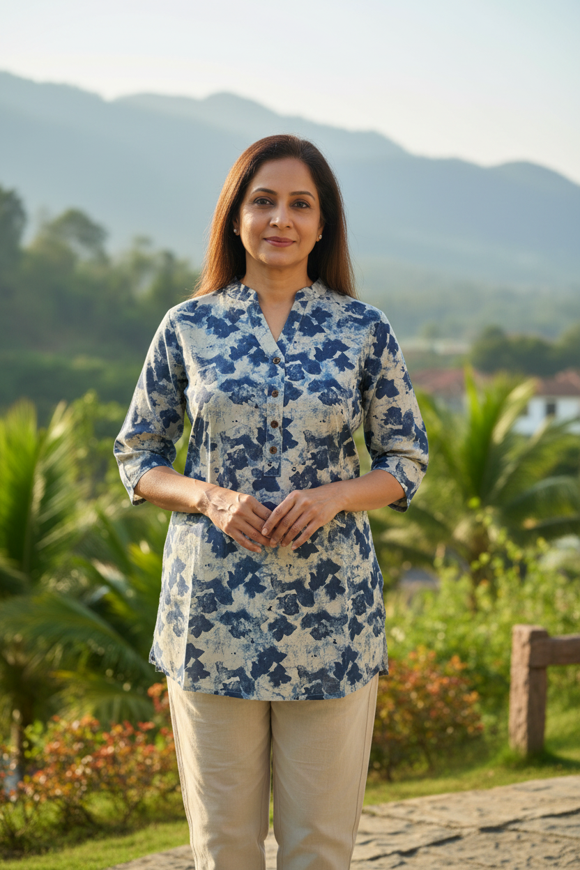 Abstract Print Cotton Tunic With Asian Collar
