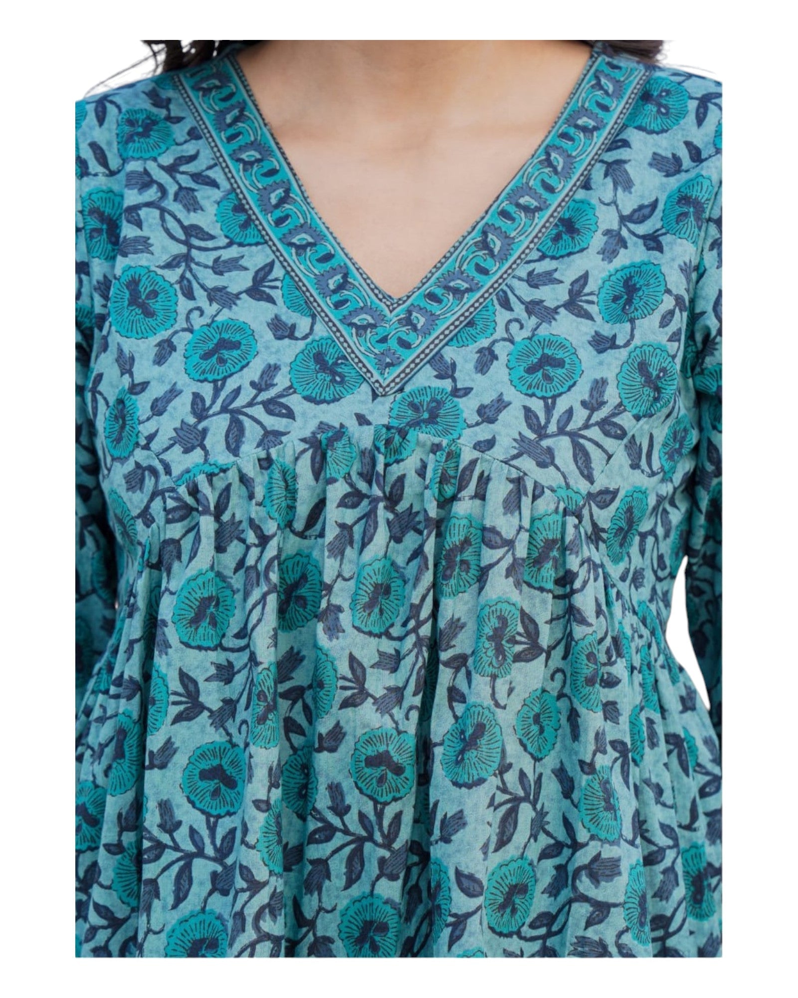 V-Neck Peplum Cotton Tunic - Greenish Blue