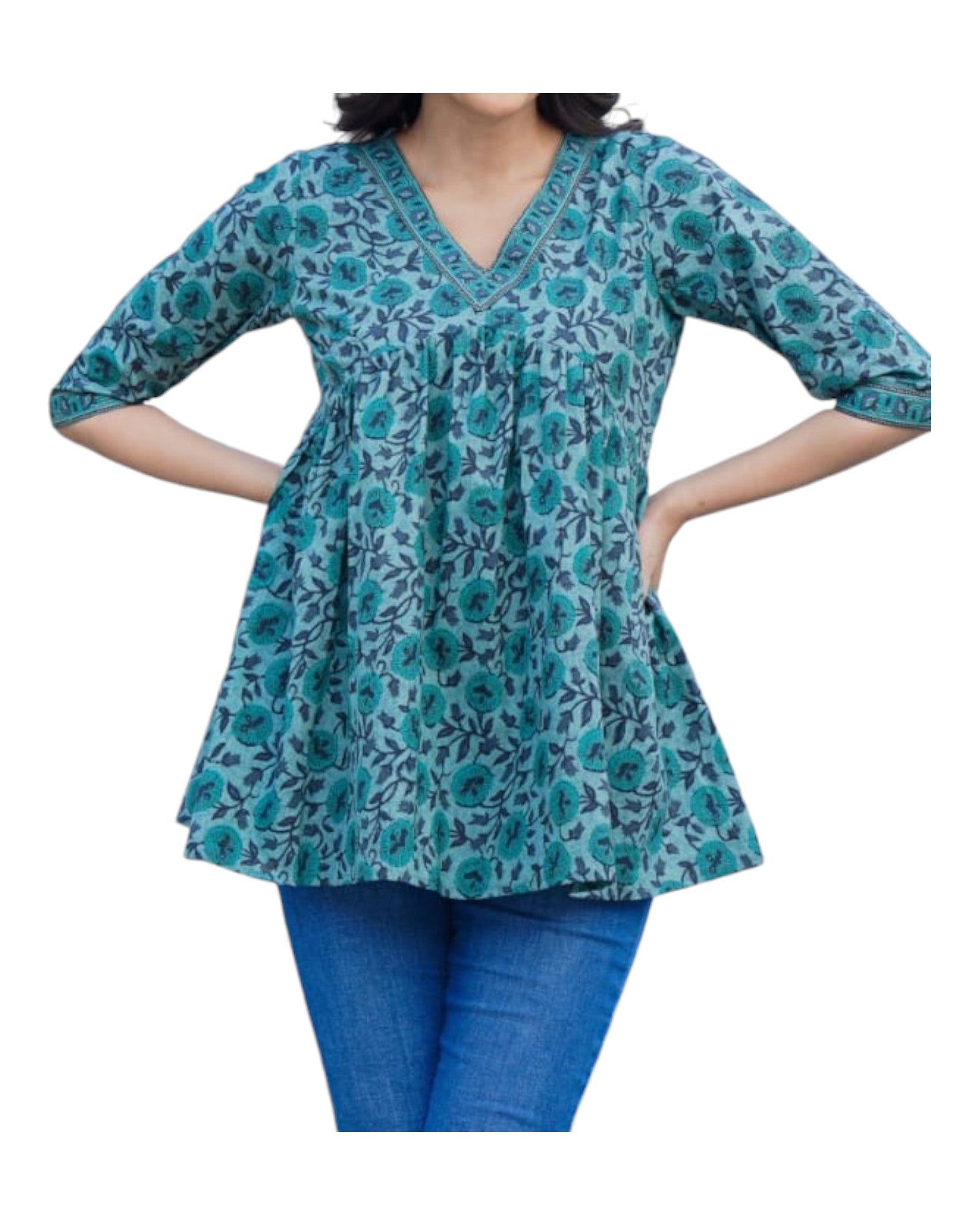 Buy V-Neck Peplum Cotton Tunic in green – Tvahra