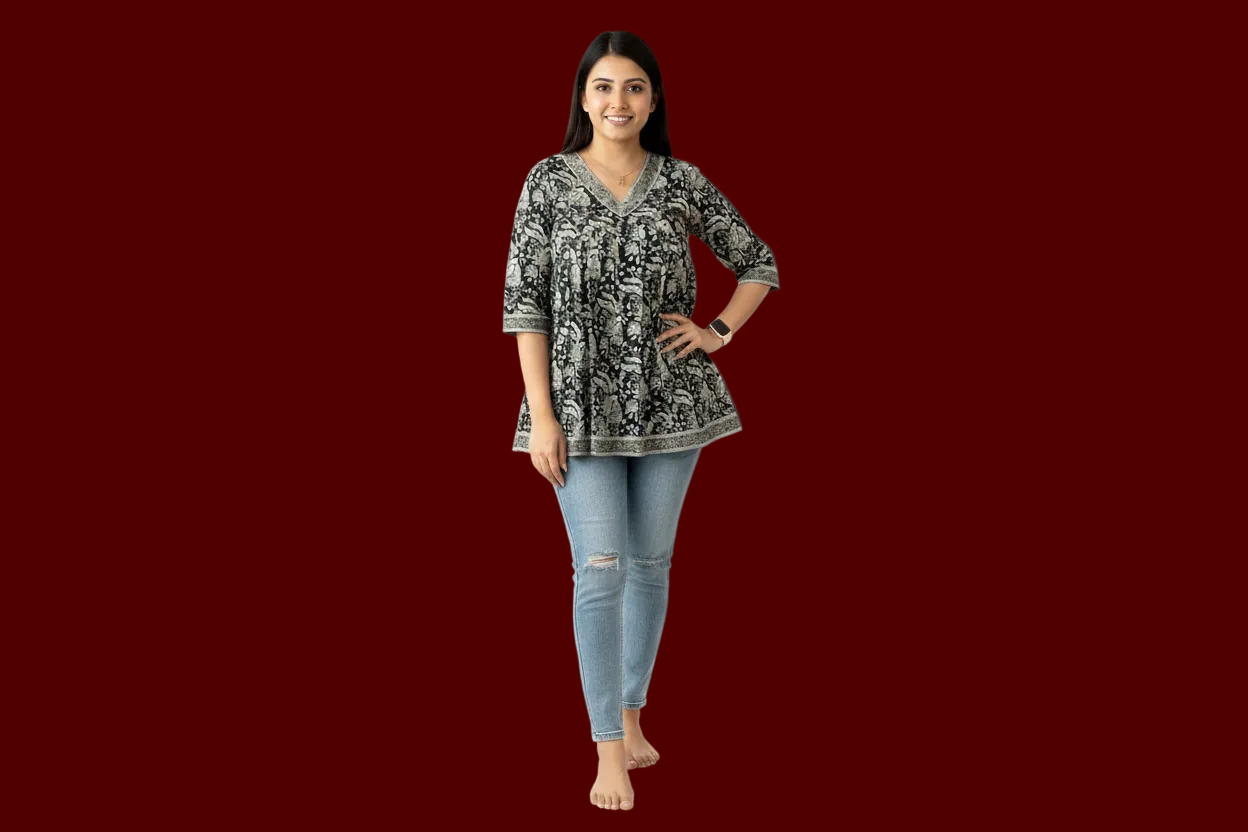 V-Neck Peplum Cotton Tunic - Black