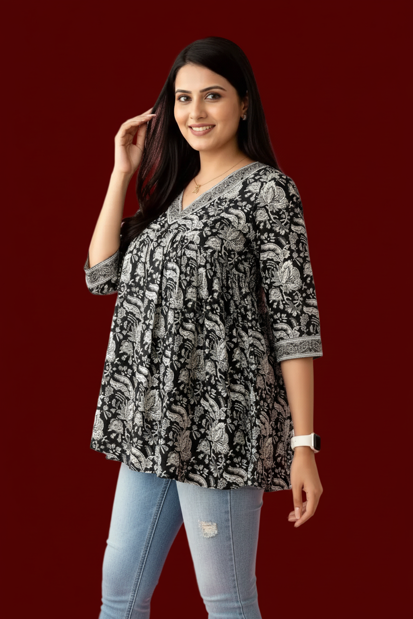 V-Neck Peplum Cotton Tunic - Black