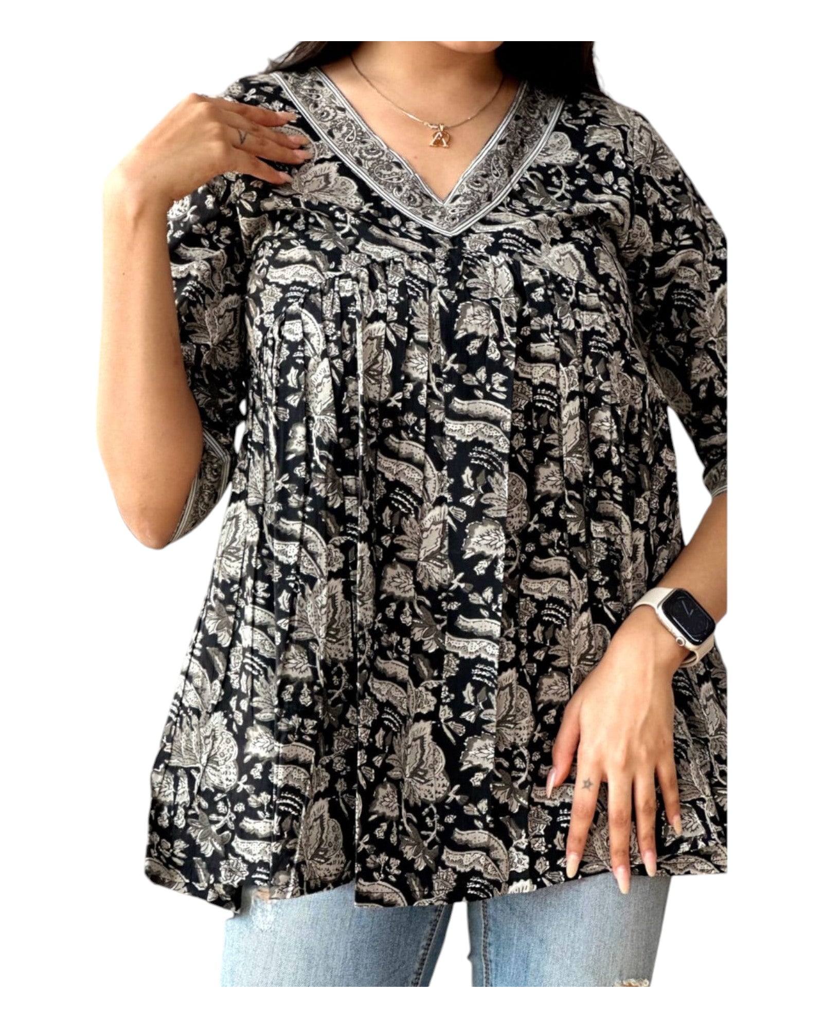 Buy V-Neck Peplum Cotton Tunic in black – Tvahra