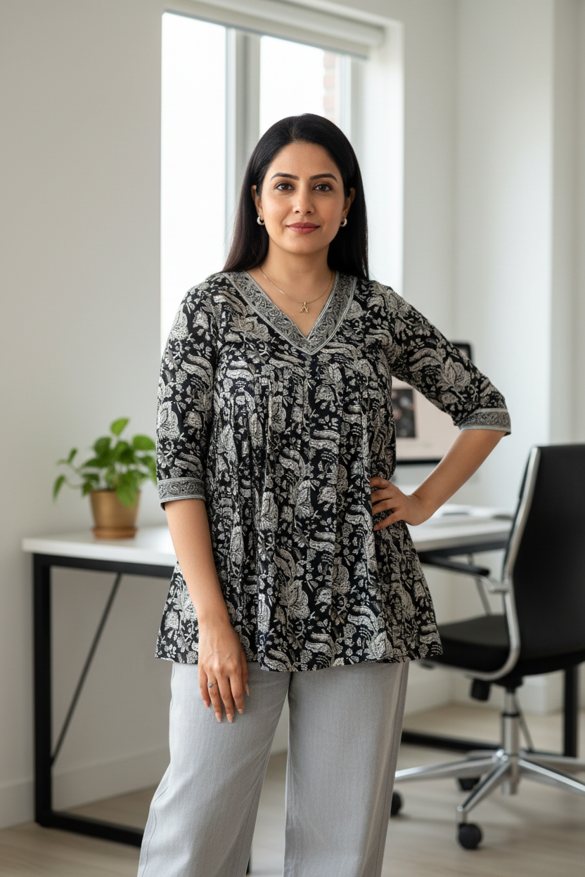 V-Neck Peplum Cotton Tunic - Black