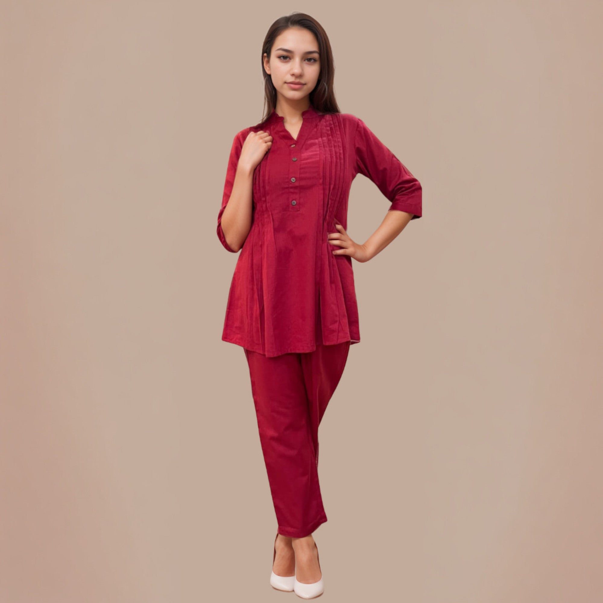 Woman wearing a red outfit on a beige background