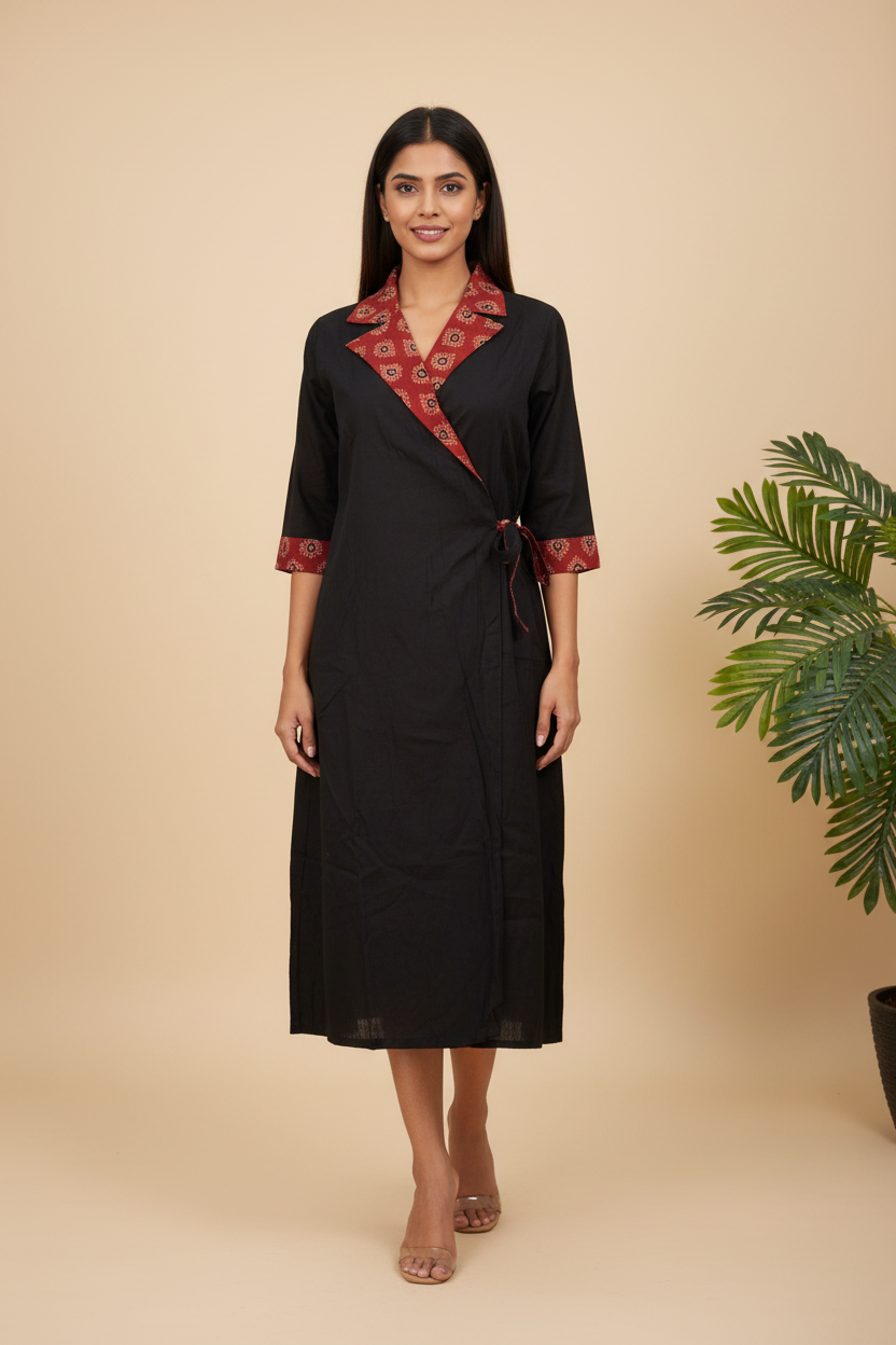 Wrapper Dress With Collar Flex Cotton Ajrakh One Piece Dress