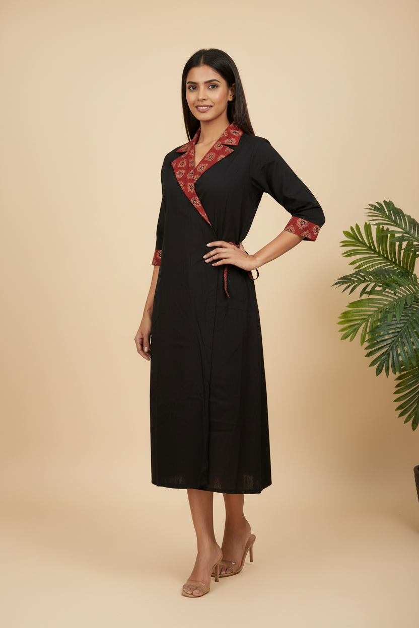 Wrapper Dress With Collar Flex Cotton Ajrakh One Piece Dress