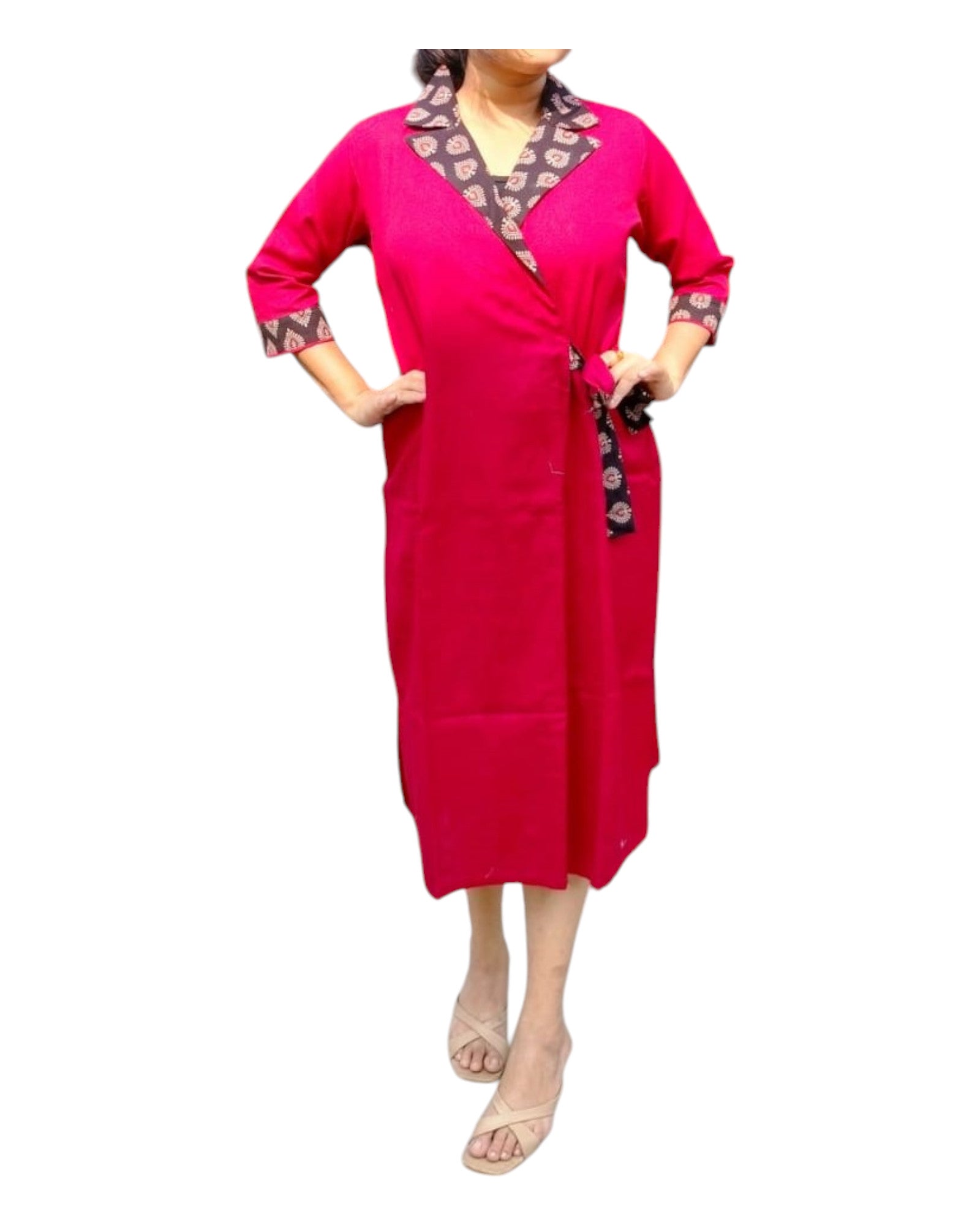 Buy Wrapper Dress With Collar Flex Cotton Ajrakh One Piece Dress in red – Tvahra