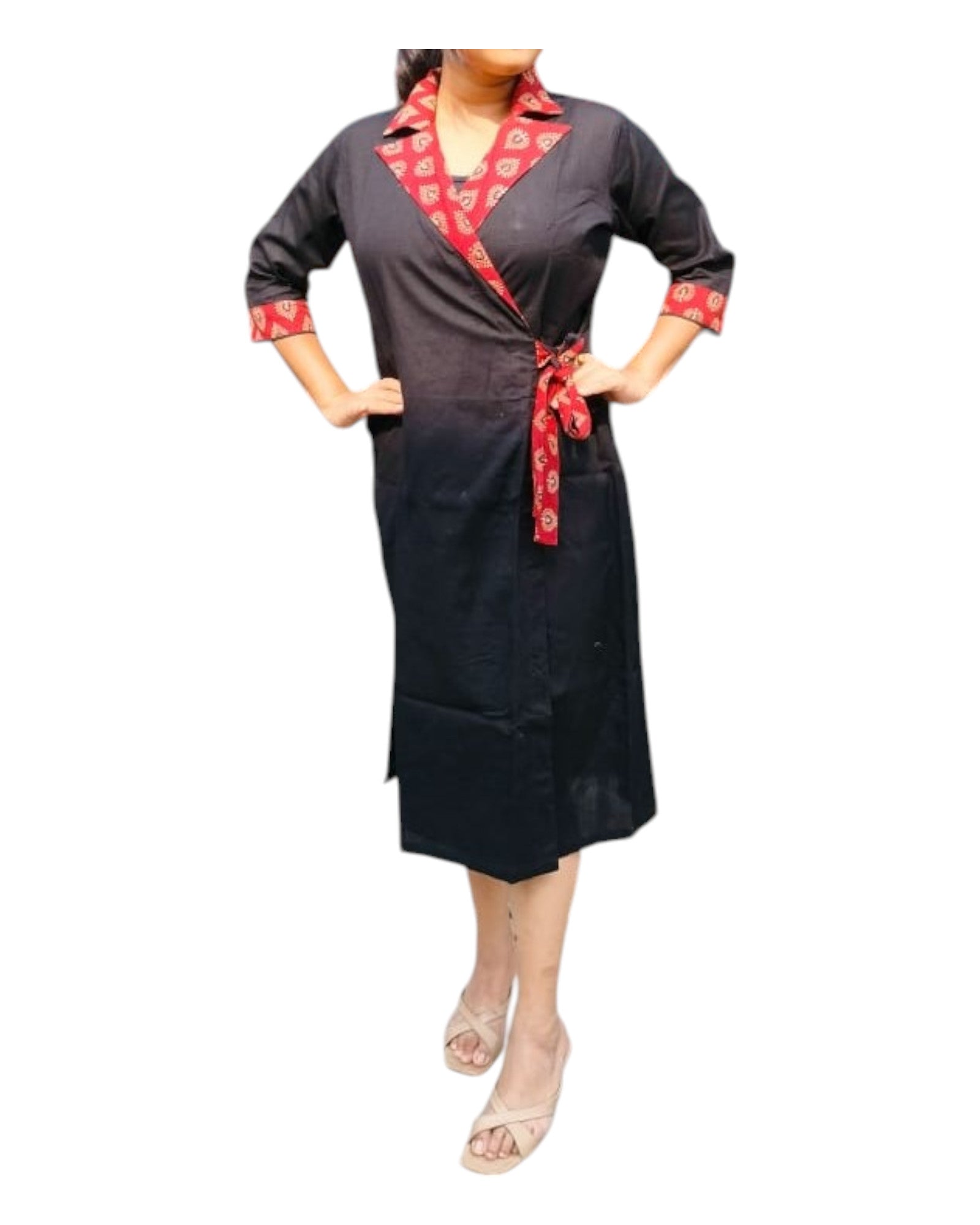 Buy Wrapper Dress With Collar Flex Cotton Ajrakh One Piece Dress in black – Tvahra