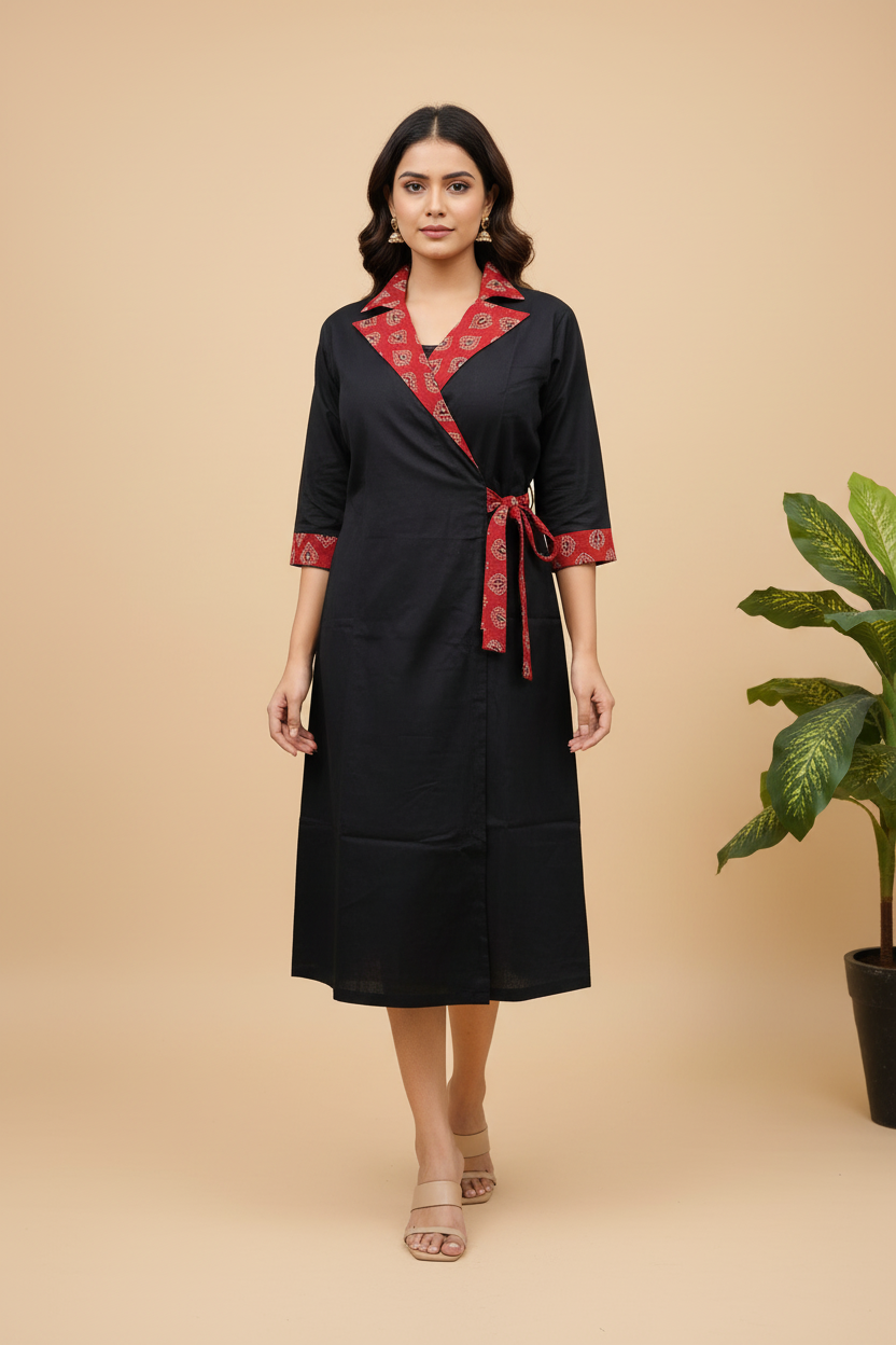 Wrapper Dress With Collar Flex Cotton Ajrakh One Piece Dress