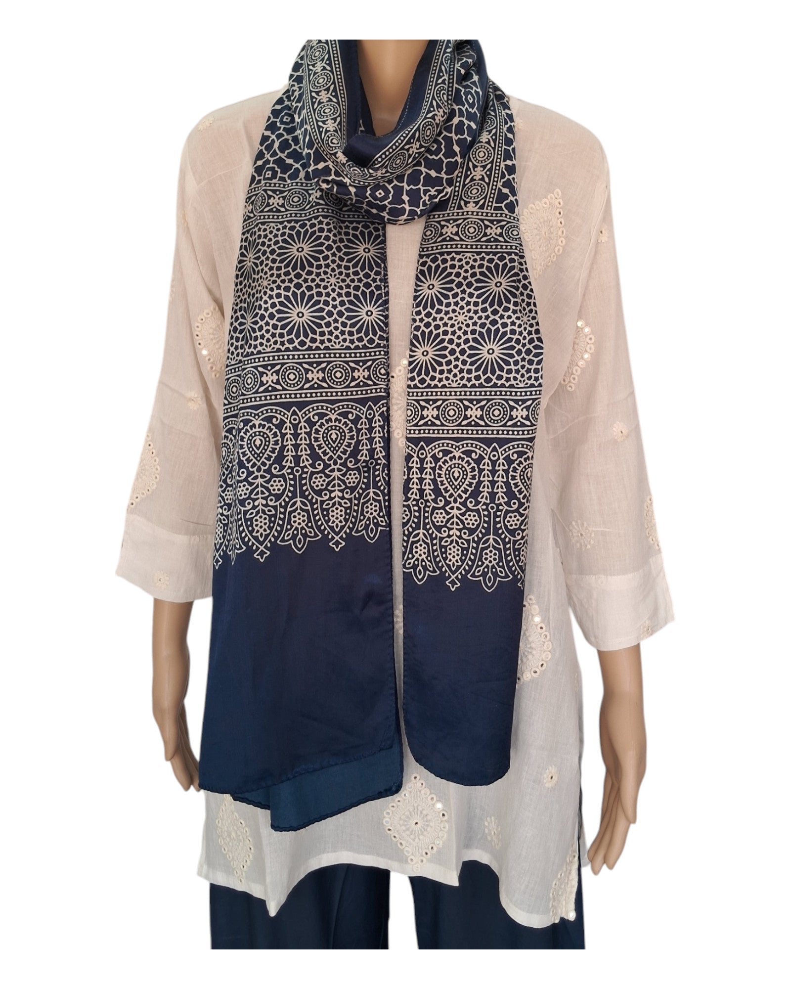 Buy Ajrakh Print Mashru Silk Stole in navy – Tvahra