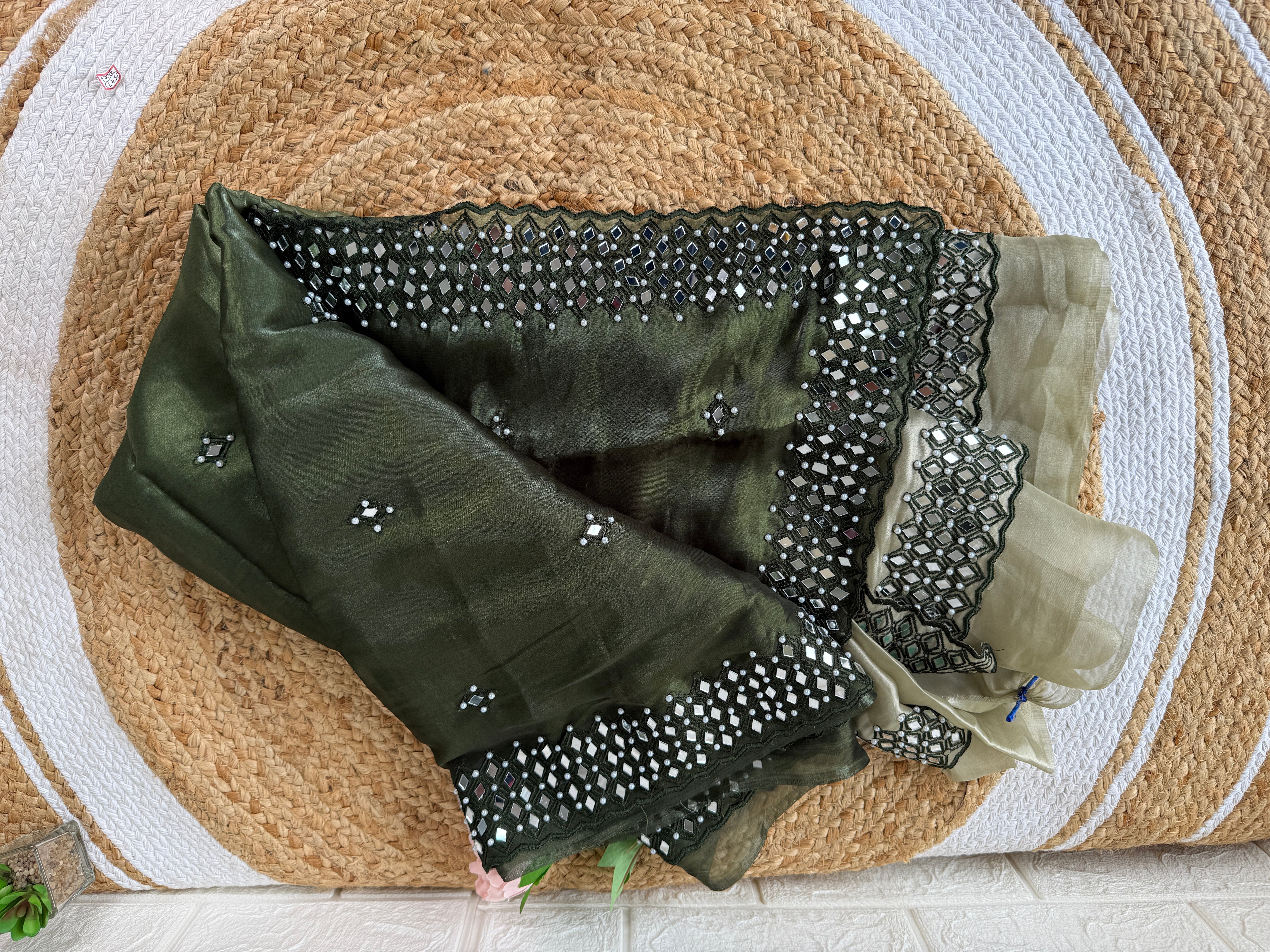 Organza Dual Color Saree With Mirror Work