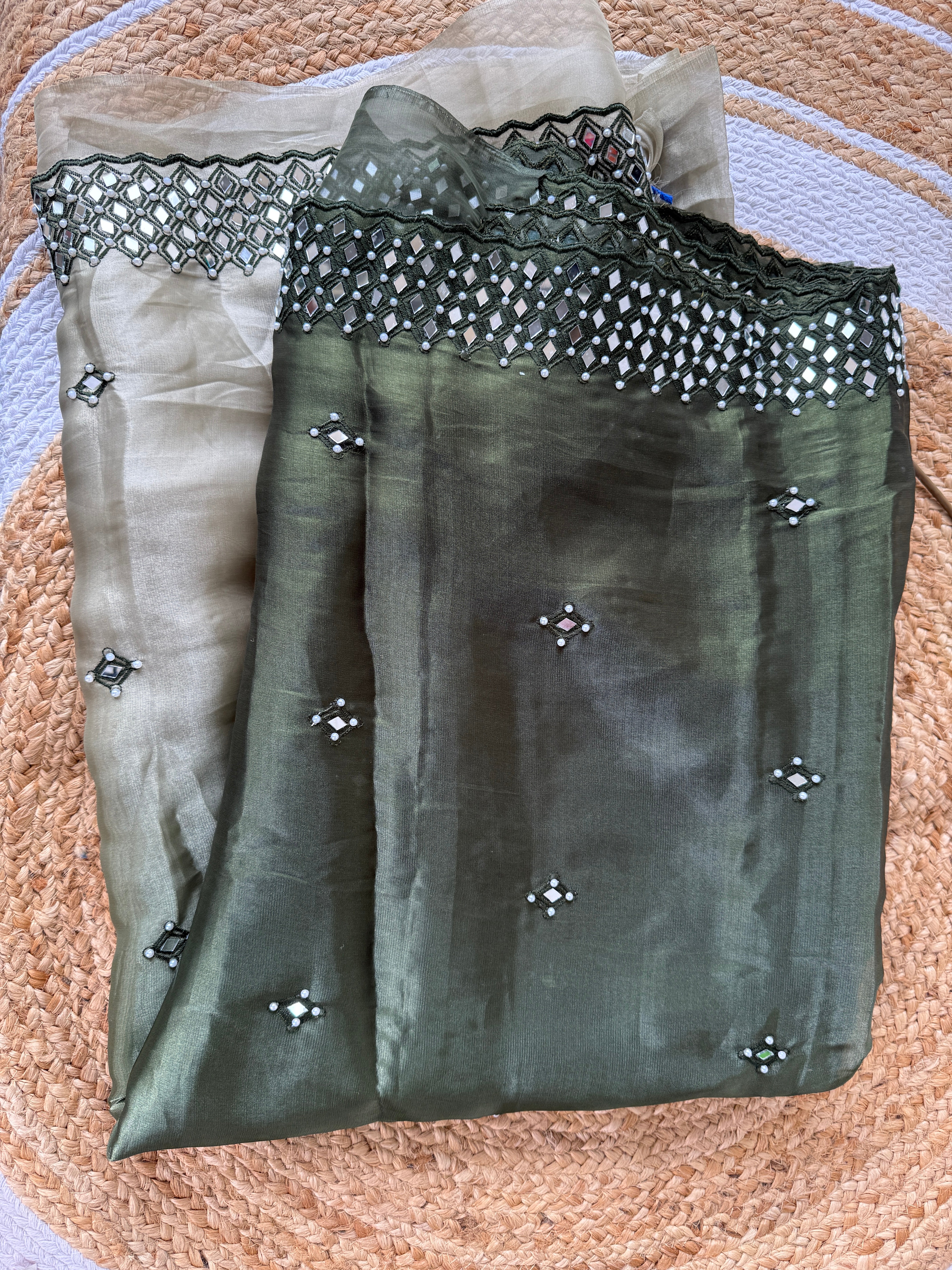 Organza Dual Color Saree With Mirror Work