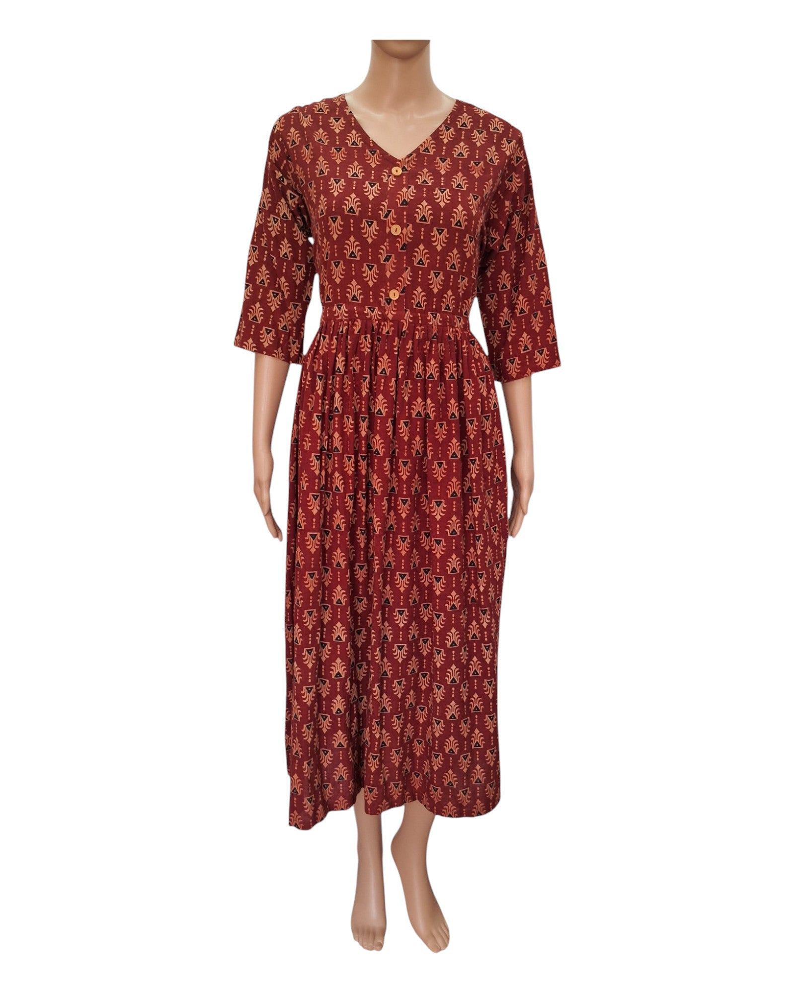 Buy Ajrakh Print With Adjustible String Cotton One Piece Dress in reddish – Tvahra