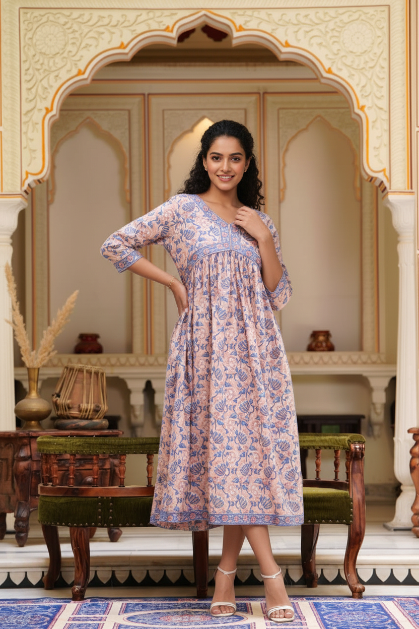 Hand Block Printed Alia Cut Cotton One Piece Dress