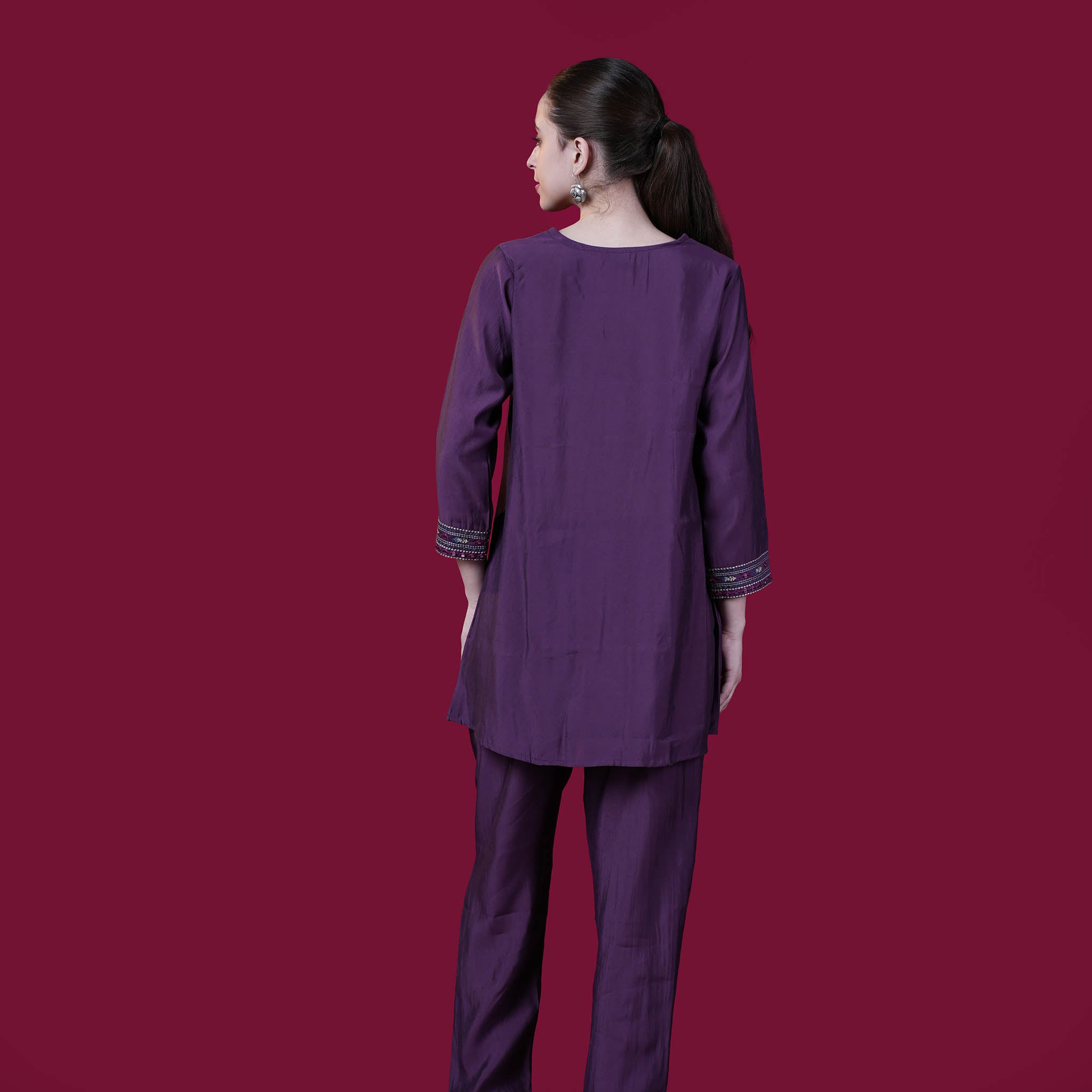 Plain With V-Neck And Embroidery Muslin Modal Co-Ord Set