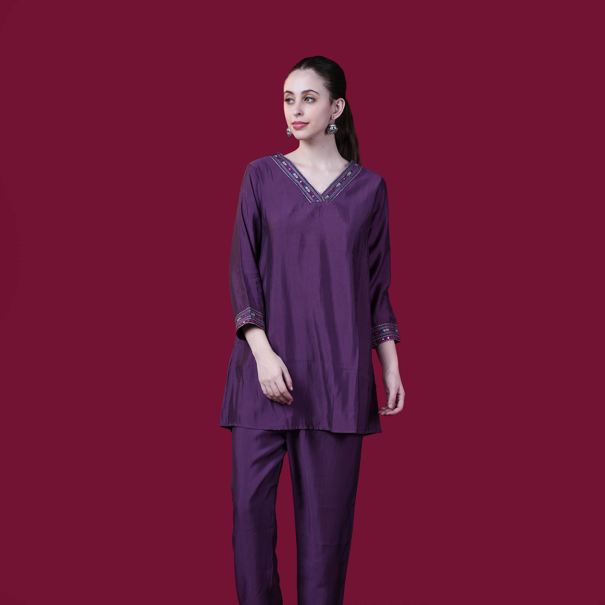 Plain With V-Neck And Embroidery Muslin Modal Co-Ord Set