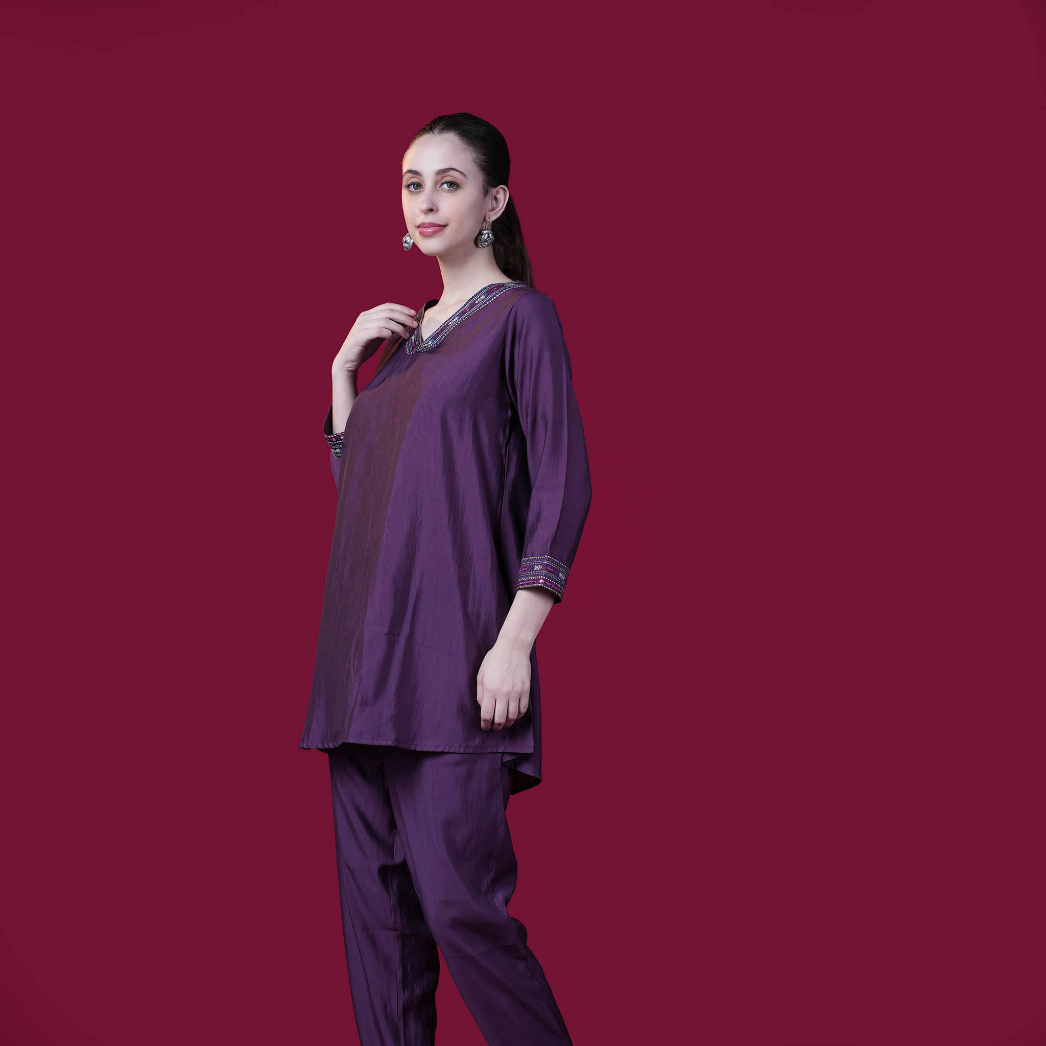 Plain With V-Neck And Embroidery Muslin Modal Co-Ord Set