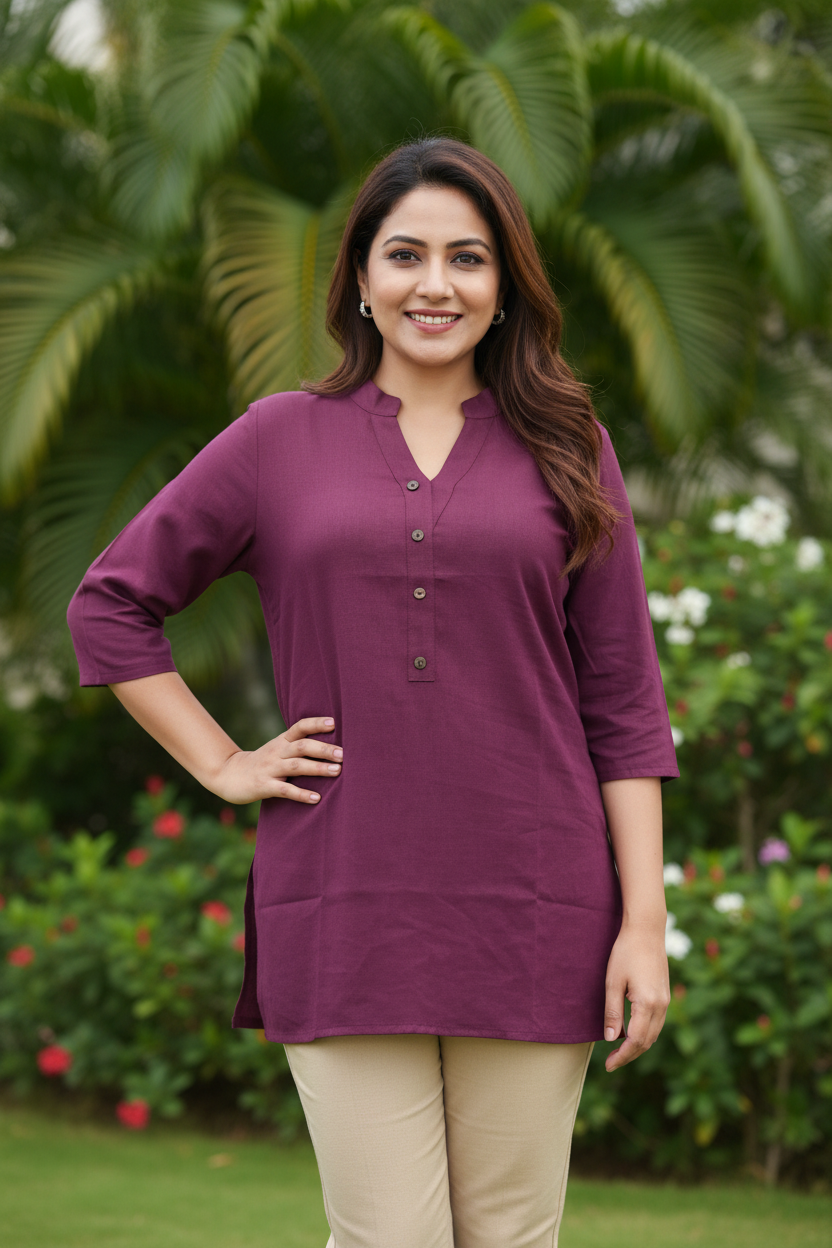 Asian Collar Flex Cotton Tunic - Wine