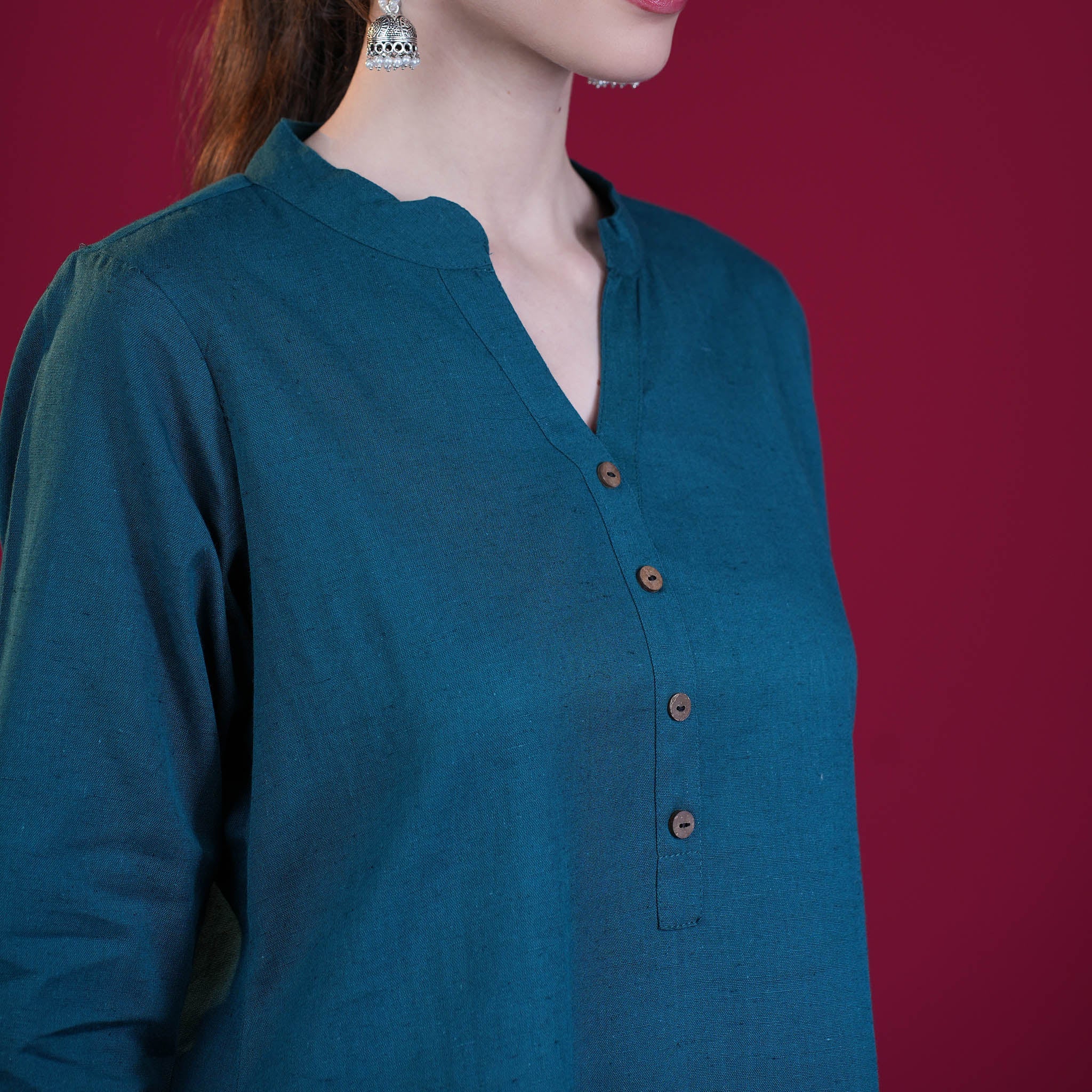 Asian Collar Flex Cotton Tunic - Wine