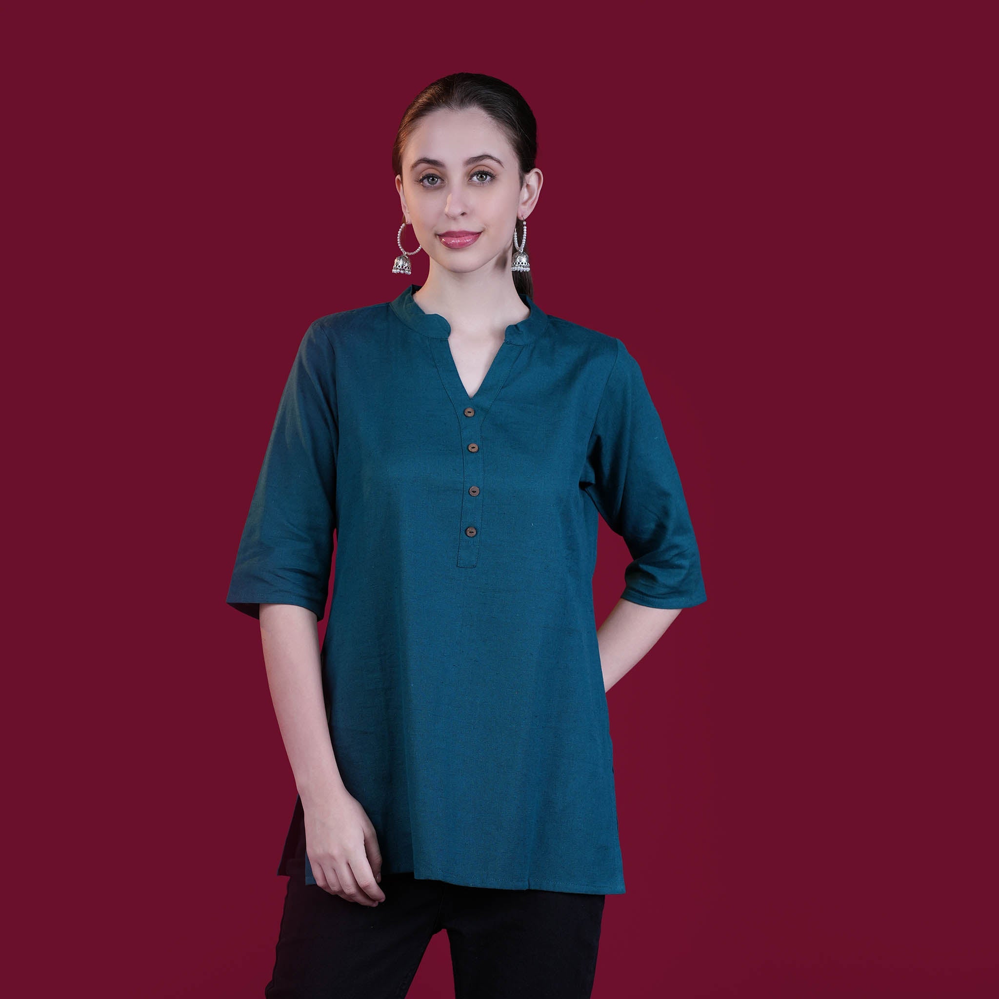 Asian Collar Flex Cotton Tunic - Wine