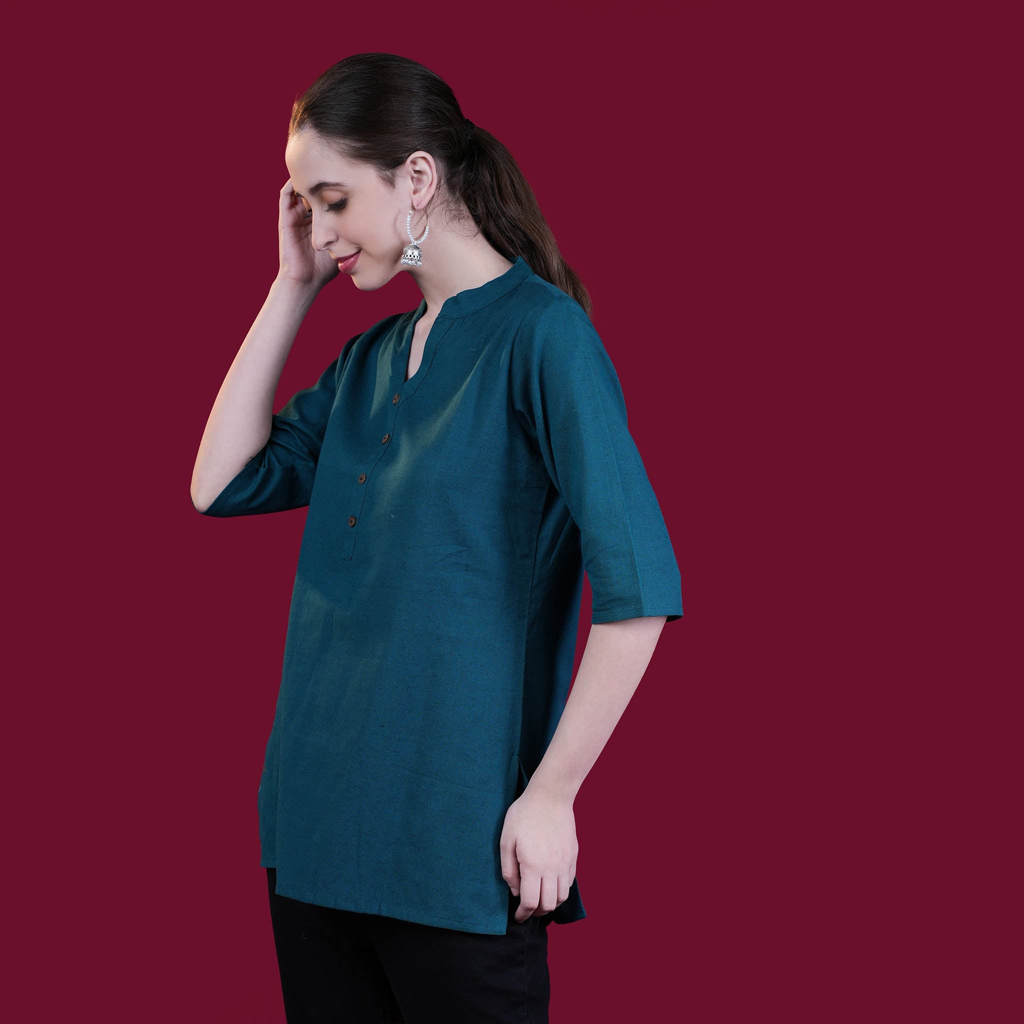 Asian Collar Flex Cotton Tunic - Teal
