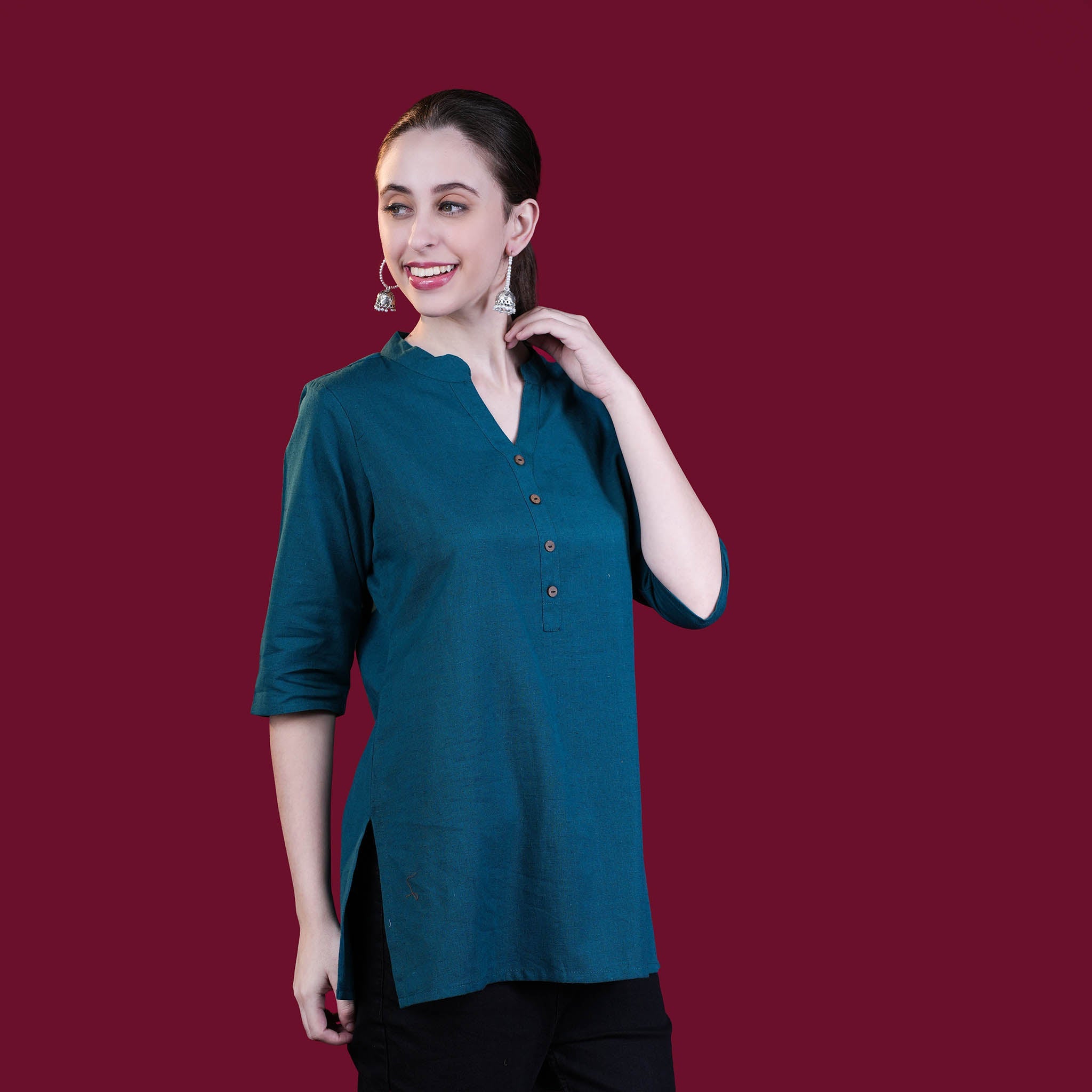 Asian Collar Flex Cotton Tunic - Wine