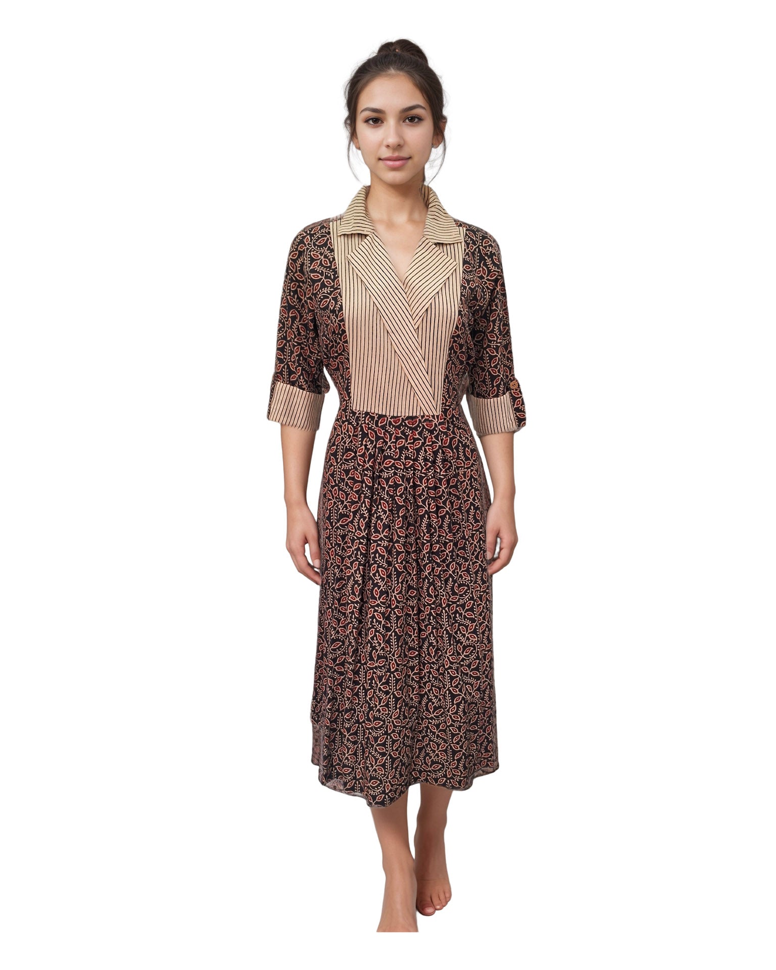 Ajrakh Coat Collar Cotton One Piece Dress