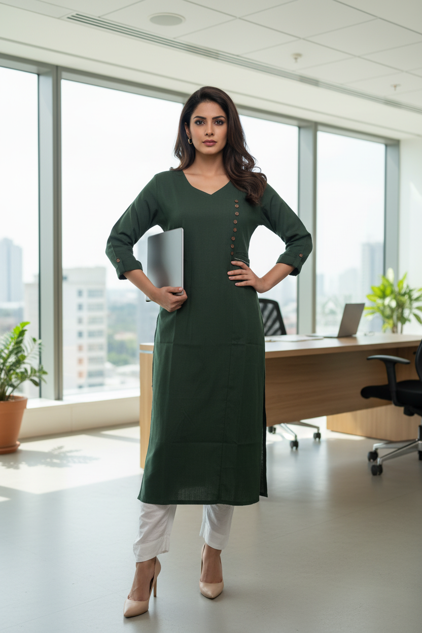 Solid Angrakha Flex Cotton Kurta - Bottle Green