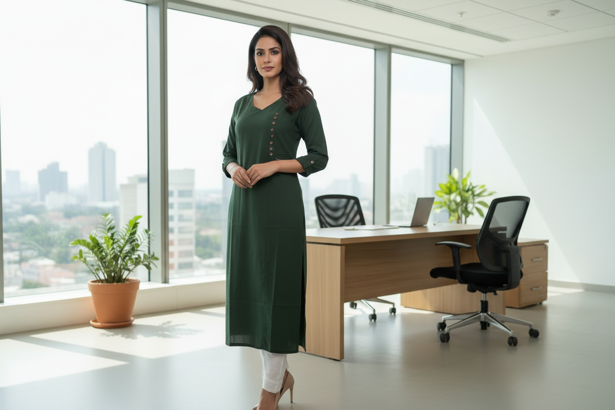Solid Angrakha Flex Cotton Kurta - Bottle Green