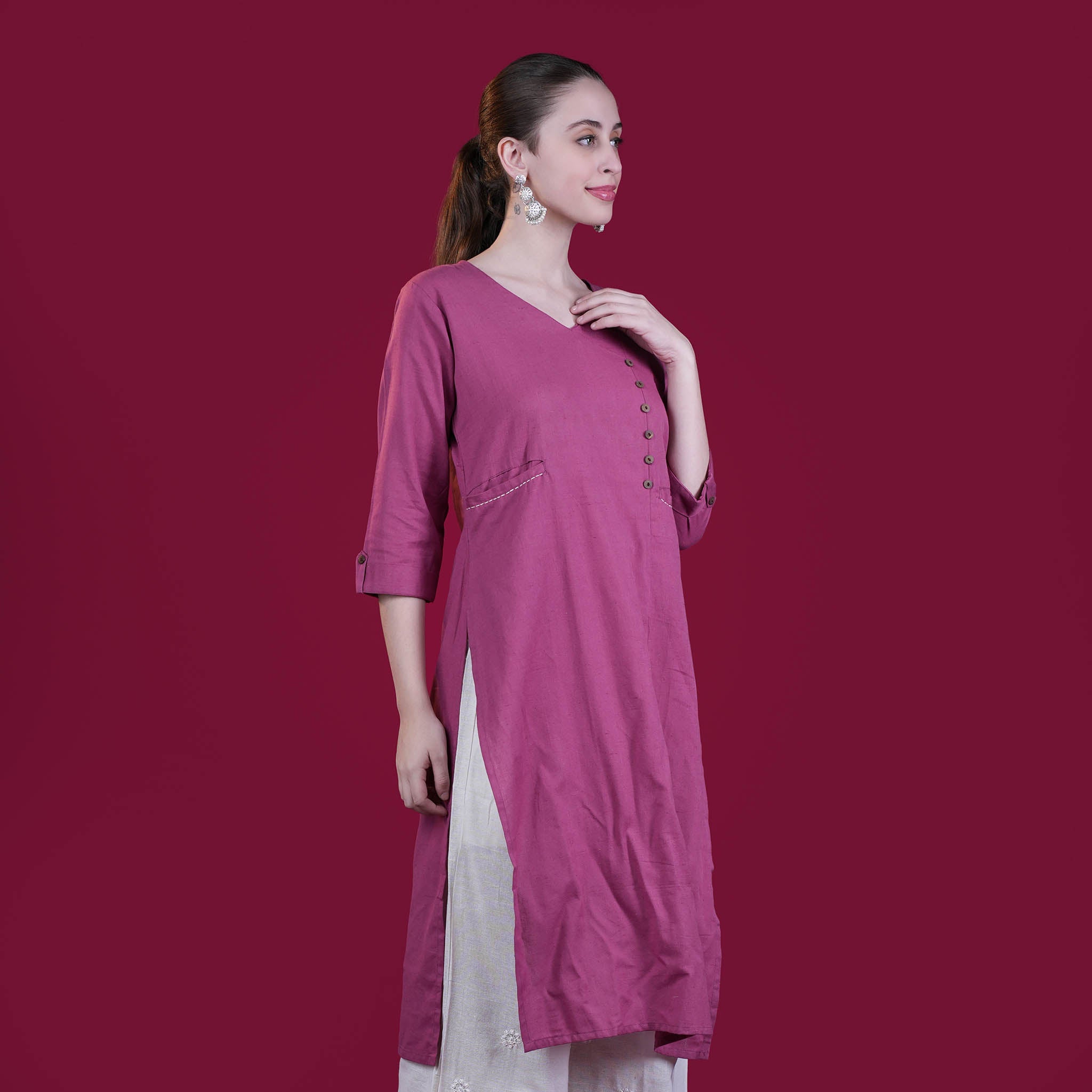 Solid Angrakha Flex Cotton Kurta - Pink