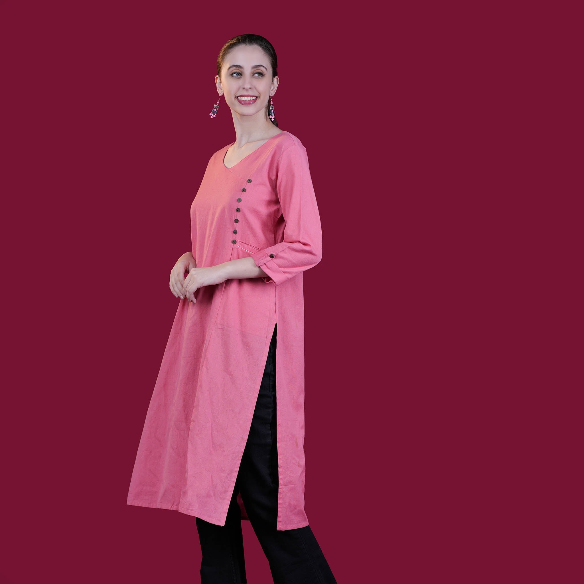 Solid Angrakha Flex Cotton Kurta - Bottle Green