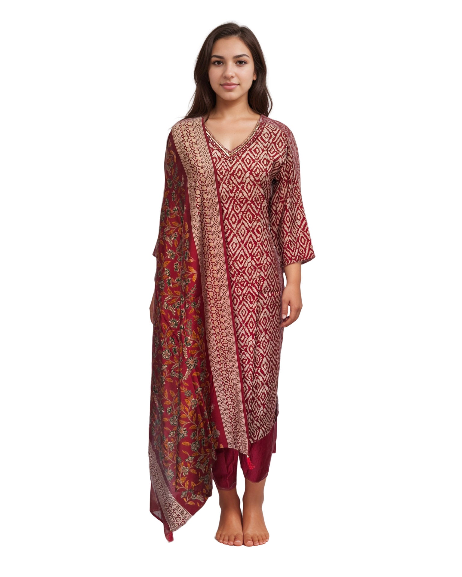 V-Neck Chanderi Kurta Pant Dupatta Set With Sequin & CutDana Work