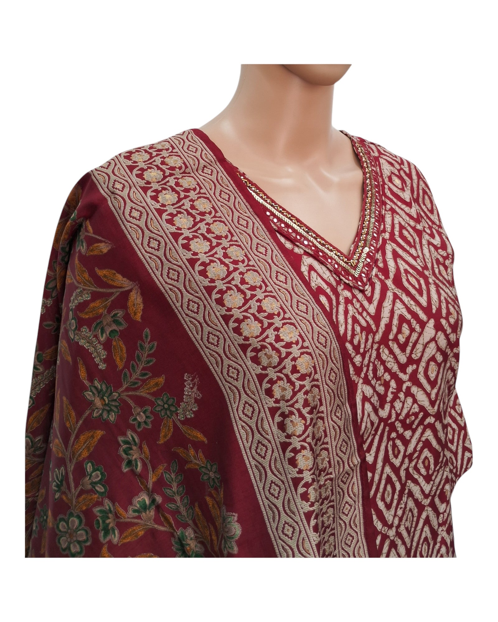 Buy V-Neck Chanderi Kurta Pant Dupatta Set With Sequin & CutDana Work in maroon – Tvahra