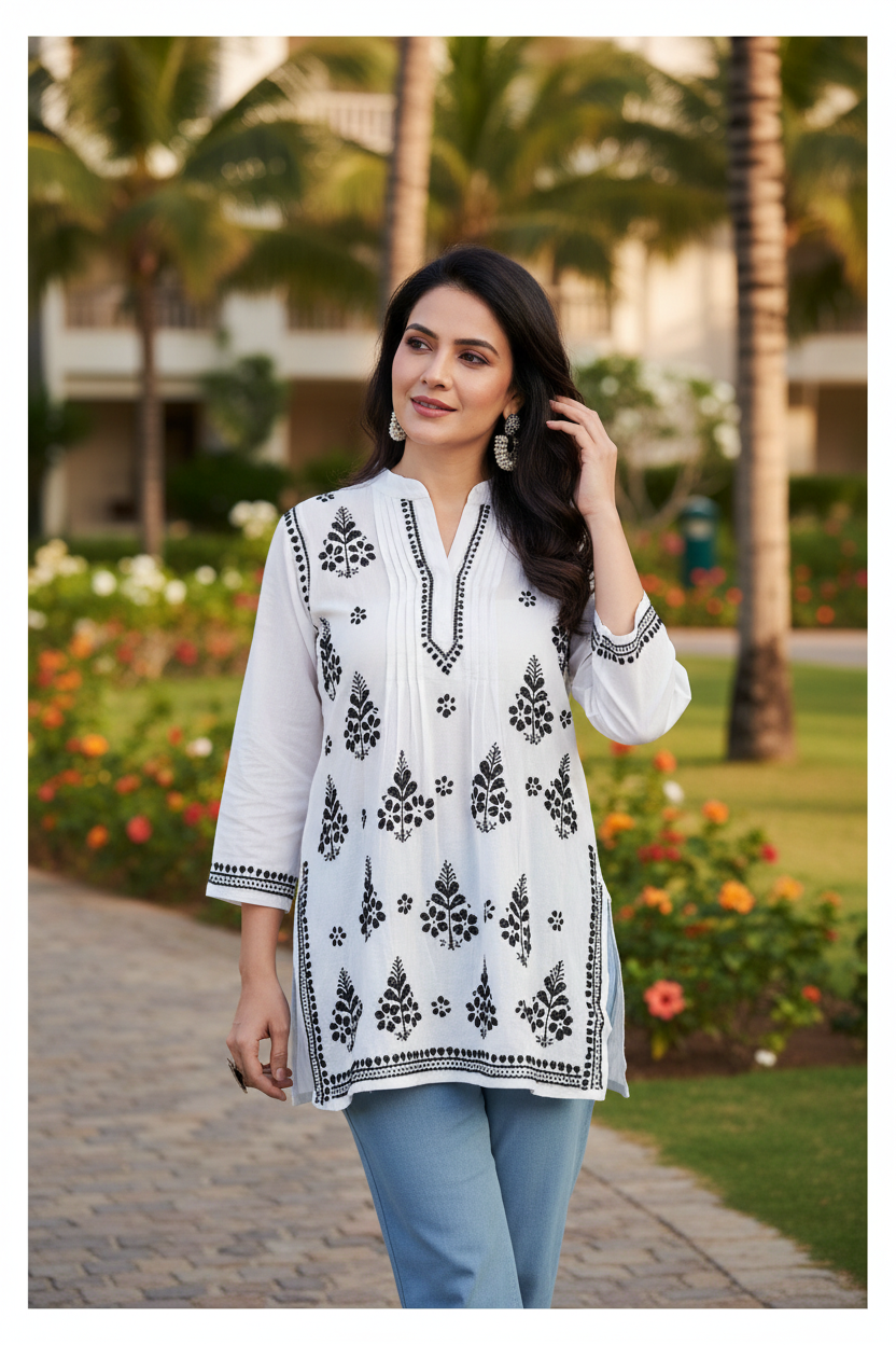 White Mul Cotton Short Kurta With Black Chikankari Work