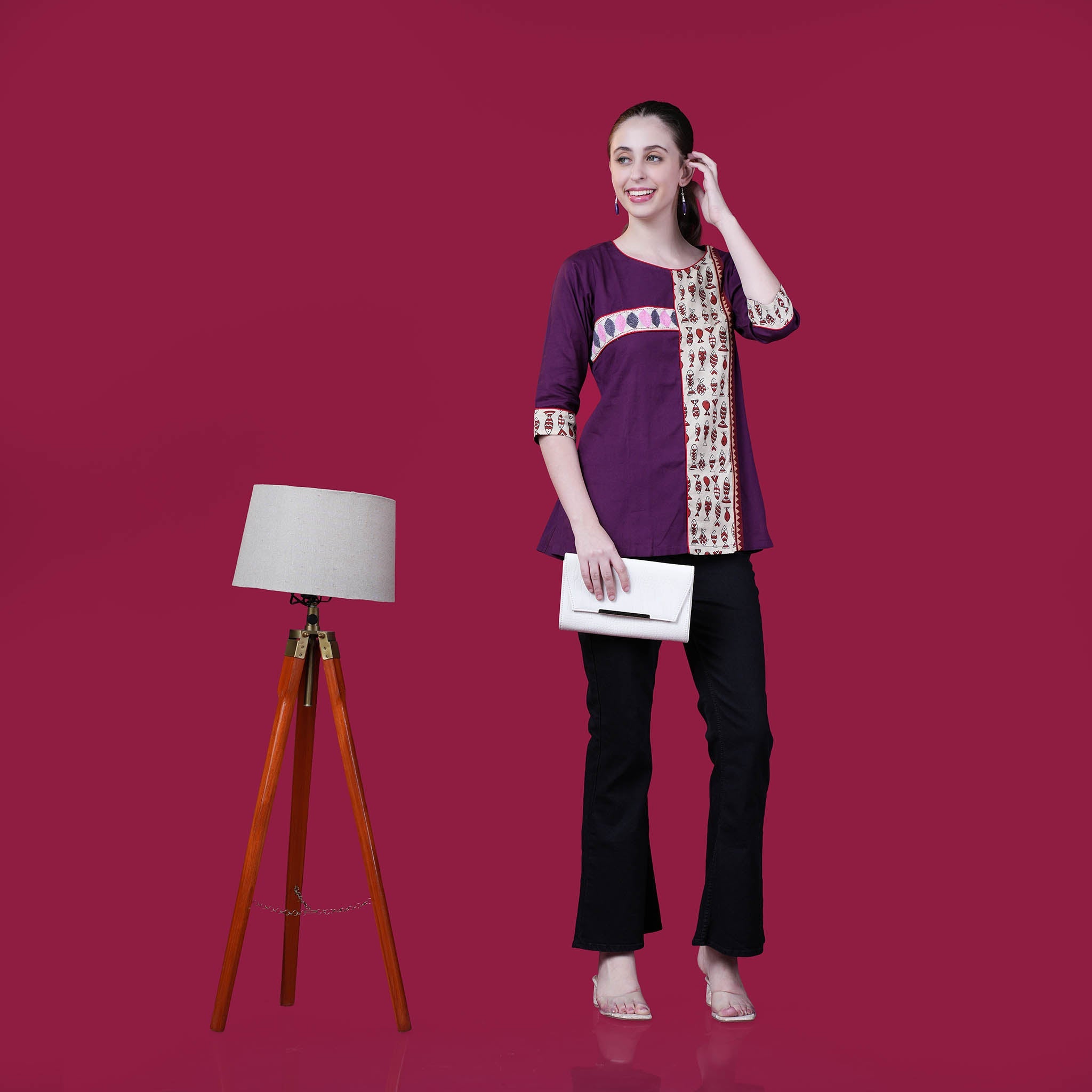 Kantha Work Cotton Designer Tunic With Dabu Patchwork - Purple