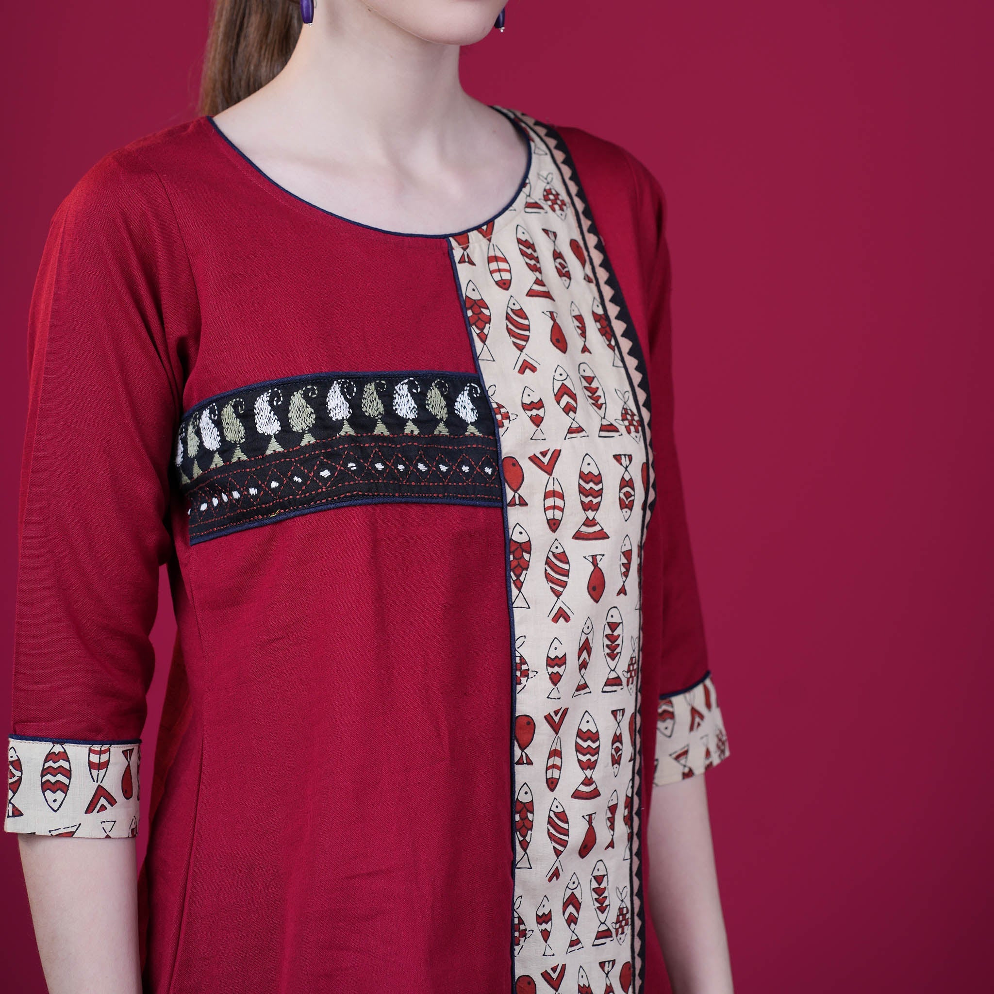 Kantha Work Cotton Designer Tunic With Dabu Patchwork - Red