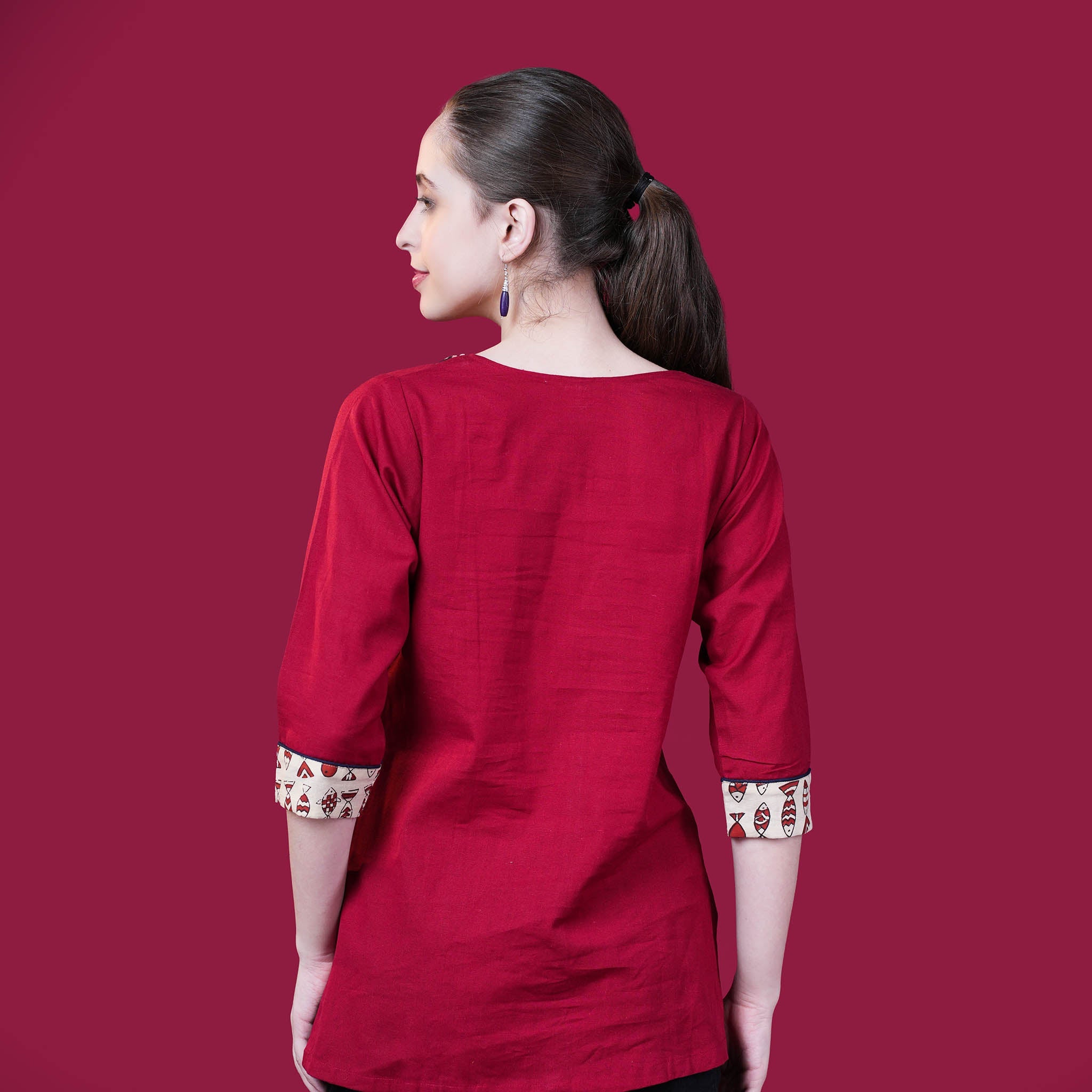 Kantha Work Cotton Designer Tunic With Dabu Patchwork - Red