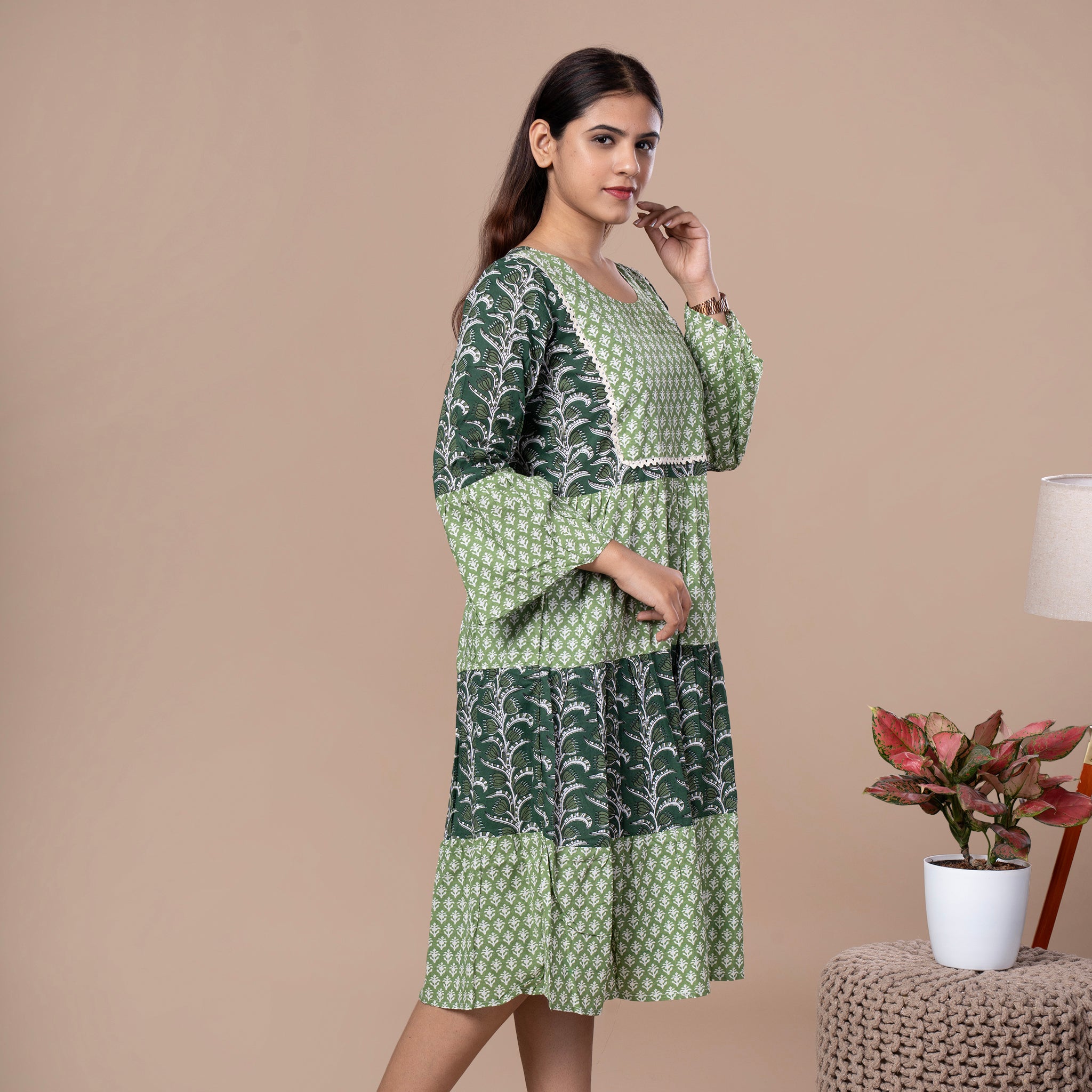 Bagru Print Cotton One Piece Frill Dress