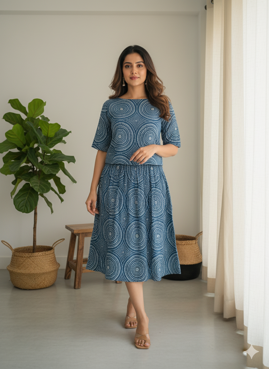 Indigo Cotton Skirt And Top Co-Ord Set