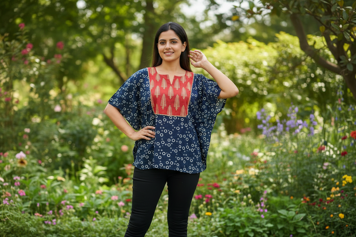 Free Style Loose Fit Crop Top With Panel - Blue