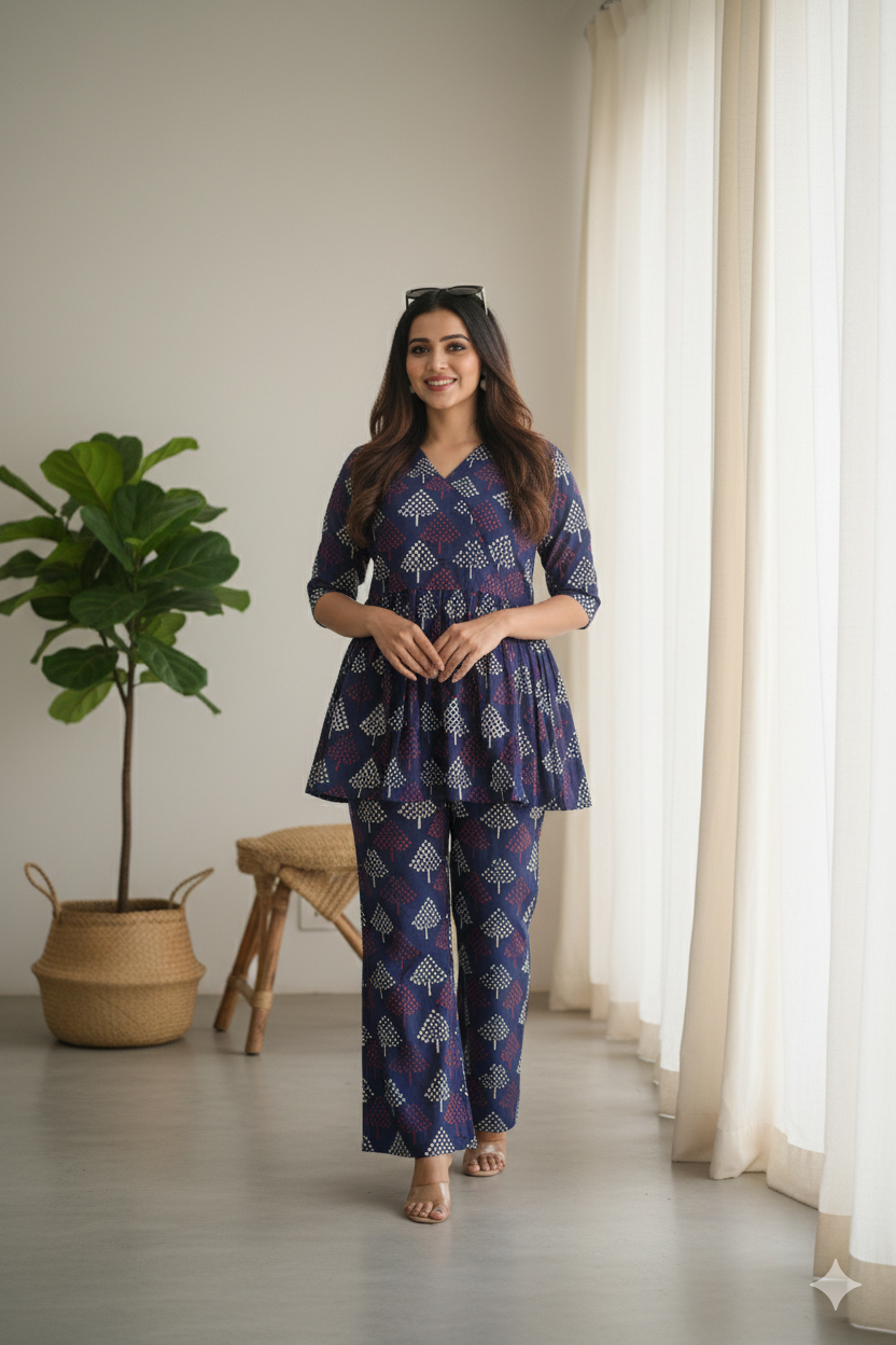 Dabu Print Peplum Cotton Co-Ord Set